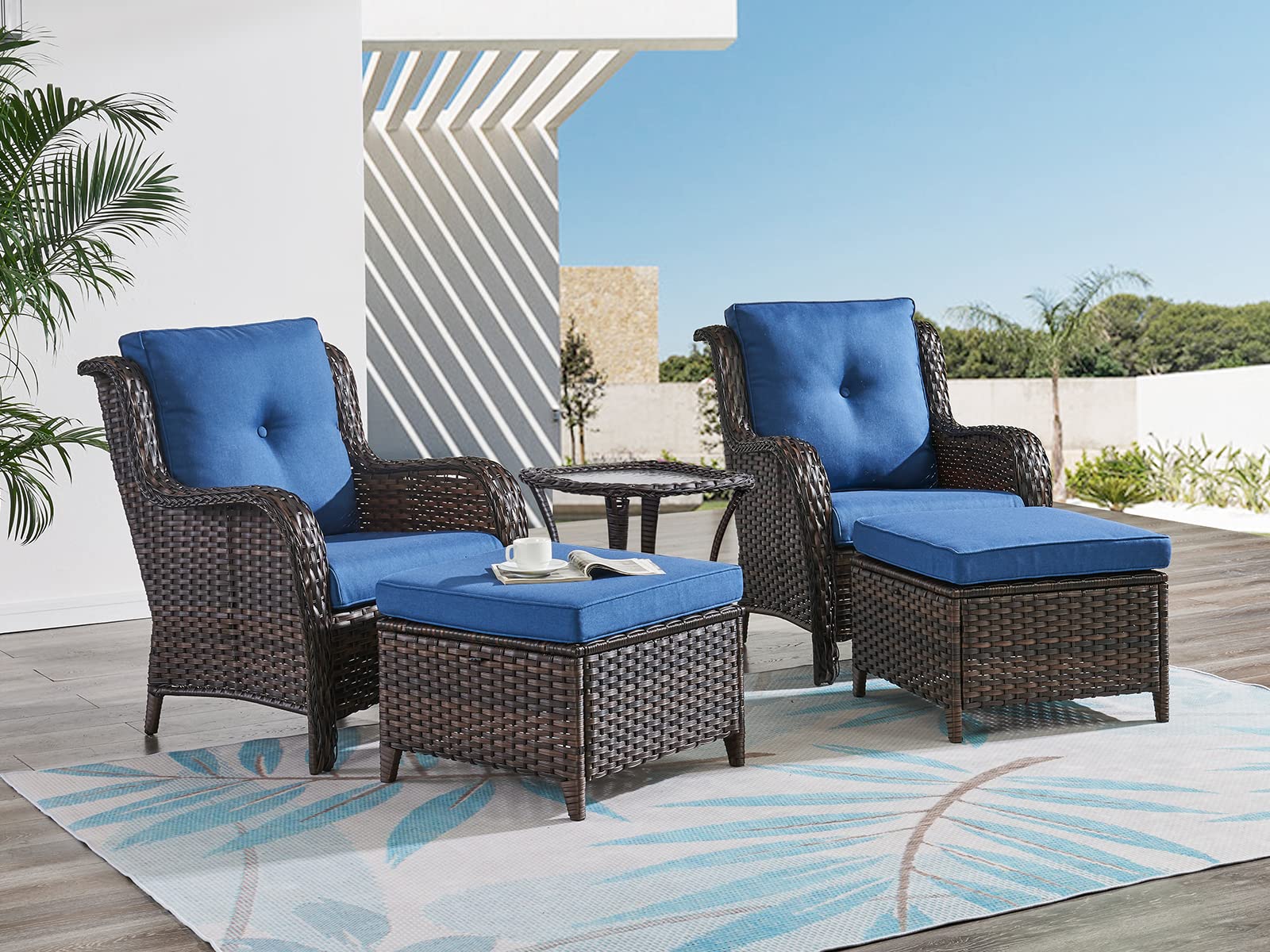 HUMMUH 5 Pieces Patio Bistro Set Wicker Patio Chairs Set of 2 with Ottomans and Side Table Rattan Outdoor Furniture Conversation