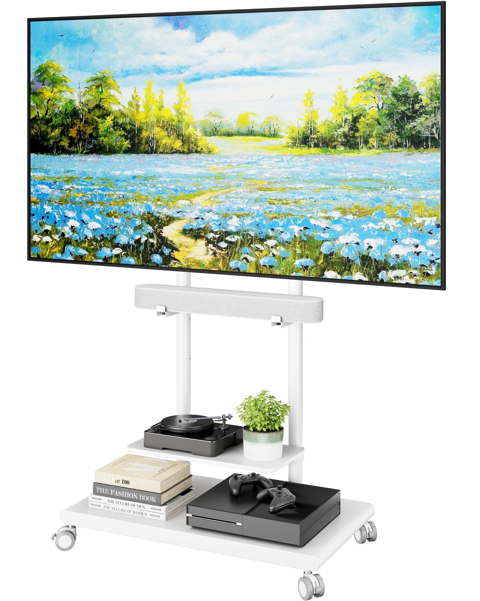 ECOTINY Steel Base Rolling TV Stand with Soundbar Mount for 50-90 inch TVs up to 154lbs, Swivel&Tilt Mobile TV Stand with Large 