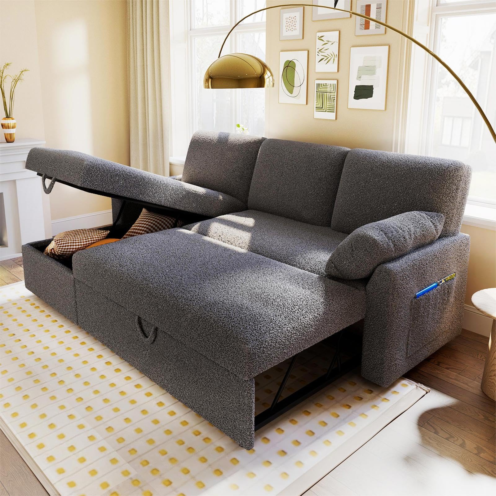VanAcc Sofa Bed, Sleeper Sofa with Storage Chaise- 2 in 1 Pull Out Couch Sofa for Home Office, Living Room, Comfy Sofa Sleeper, 