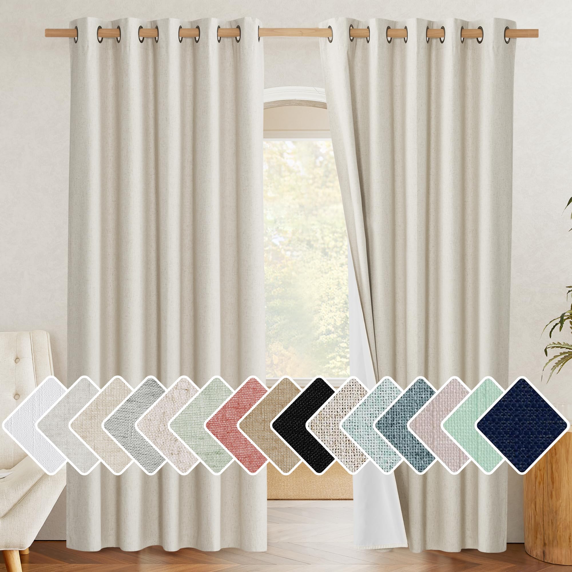 NICETOWN Natural 100% Blackout Linen Curtains 84 inch Long Burg for Living Room, 1 Pair, 62 Width Each Panel, Farmhouse Thick Co