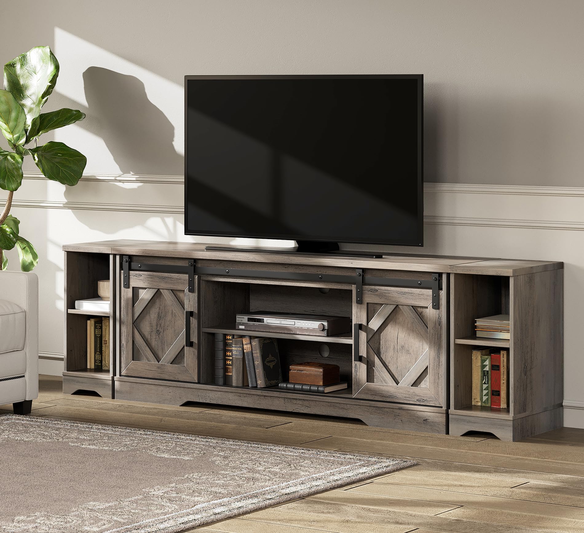 WAMPAT Modern Farmhouse TV Stand for up to 85 TVs Wood Entertainment Center with Open Storage for Living Room,Rustic Grey