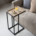 COZAYH Farmhouse C Couch End Table, Snack Sofa Side Table with Metal Distressed Rattan Pattern Tray Top, Black