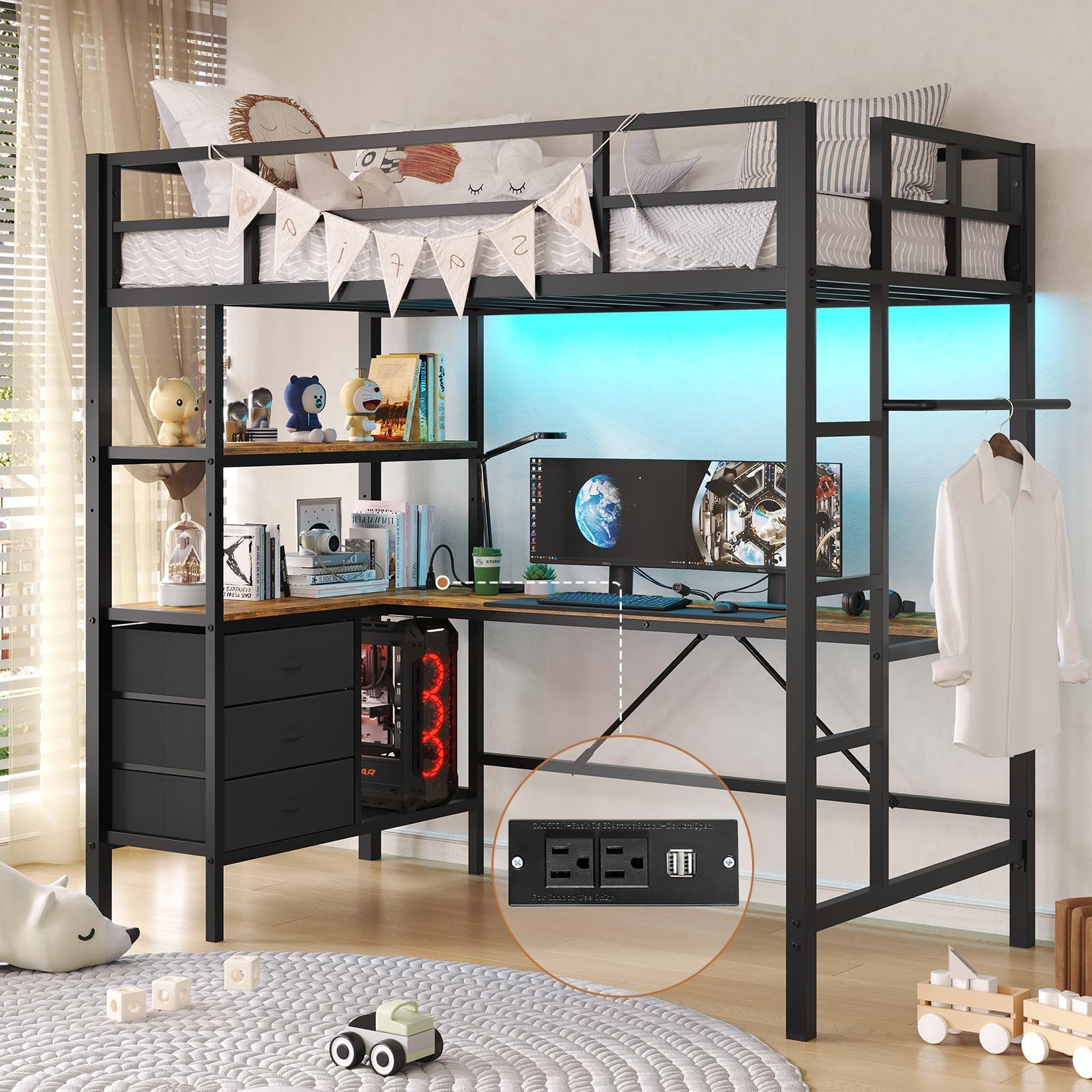 DICTAC Twin Metal Loft Bed with L-Shaped Desk, LED Lights,Charging Station LED Loft Bed Frame Twin Size with 3 Storage Shelves a