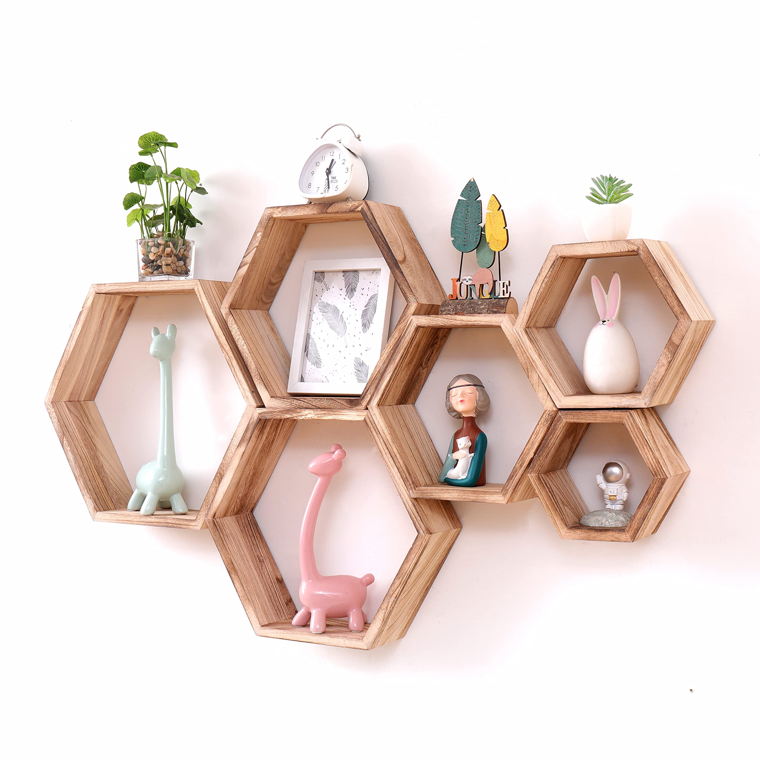 Hexagon Floating Shelves Set of 6, Honeycomb Shelves Wall Mounted Wood Farmhouse Storage Wall Shelf for Bathroom, Kitchen, Bedro