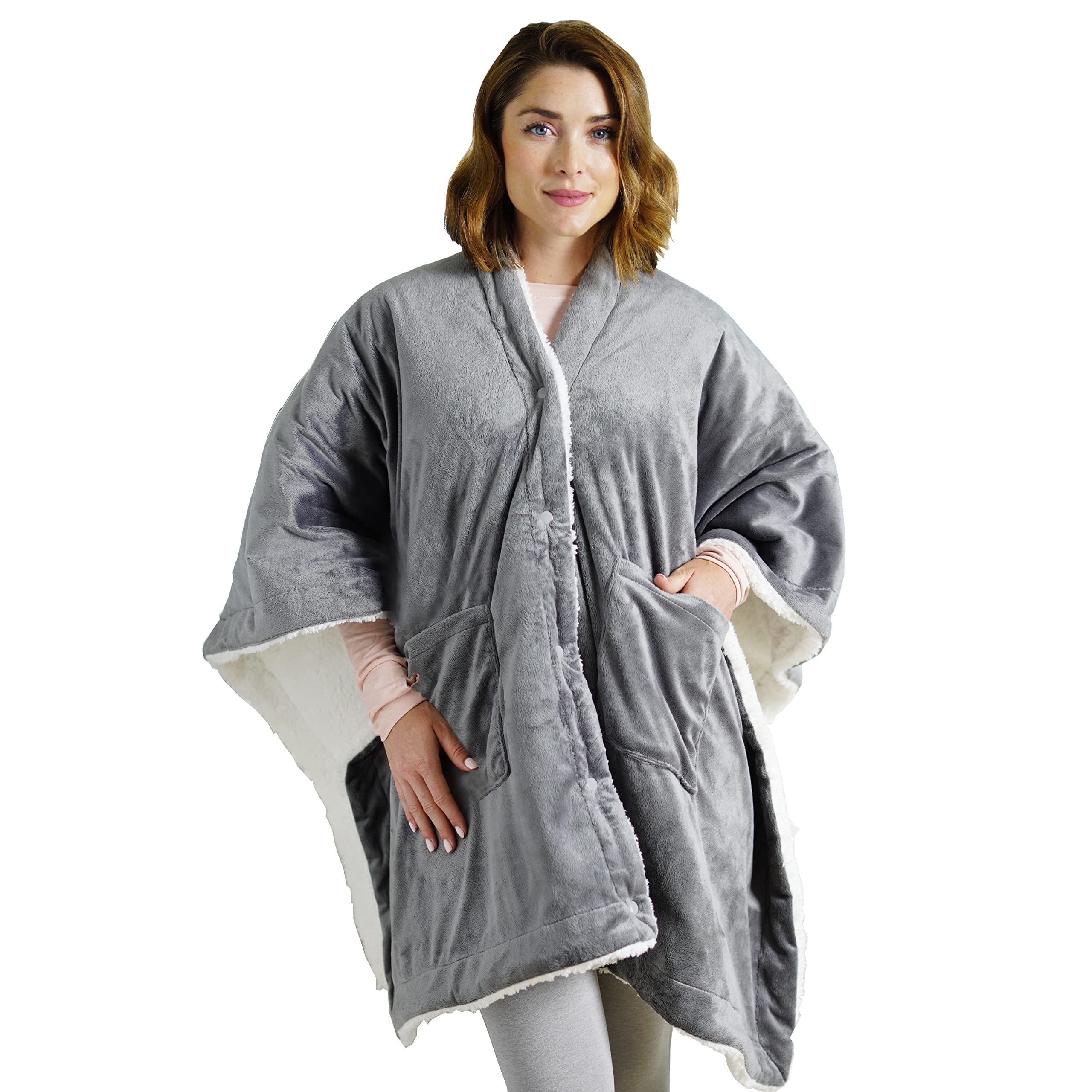Pure Enrichment PureRelief Plush Heated Shawl - 4 InstaHeat Settings, Wearable Design with Snap Closures, Deep Pockets, Soft Mic