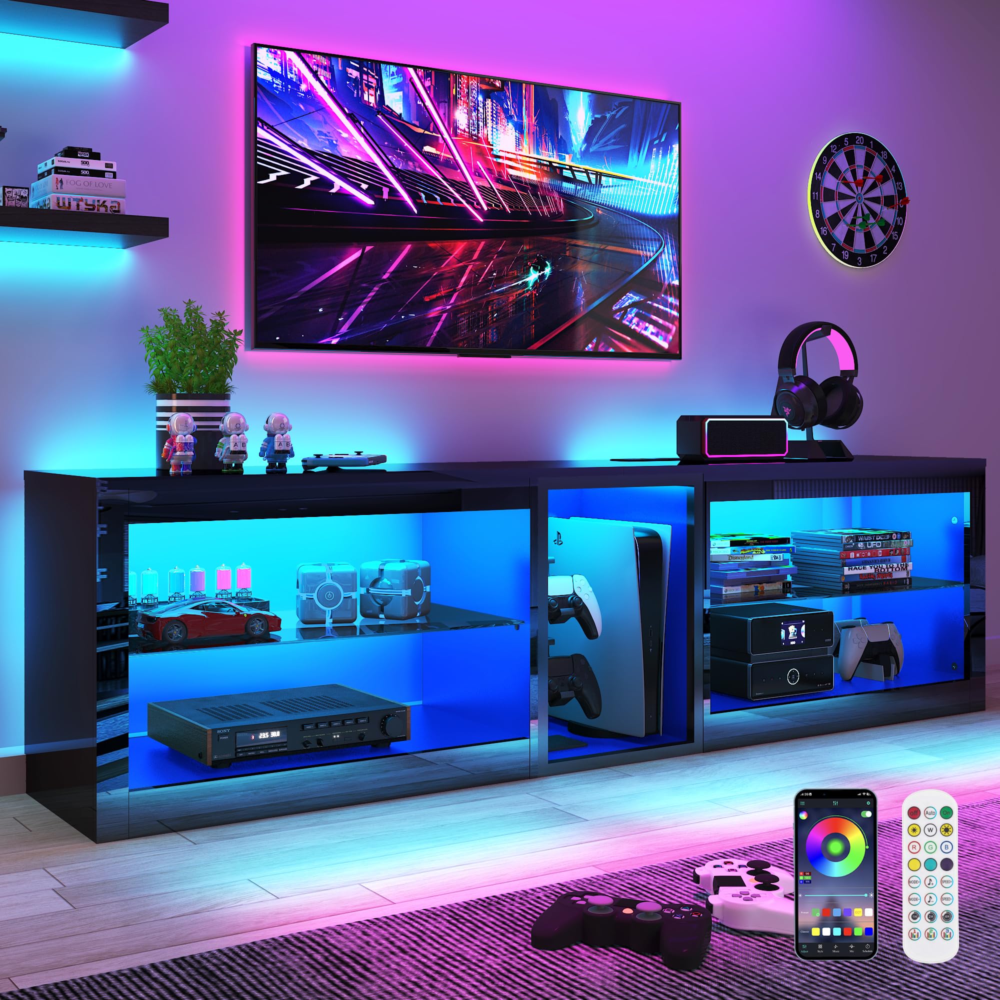 Vinctik 6&Fox High Gloss LED TV Stands w/Power Outlet,60,000-Colors Lighting for 70 75 80inch TV,Modern Black LED Entertainment 