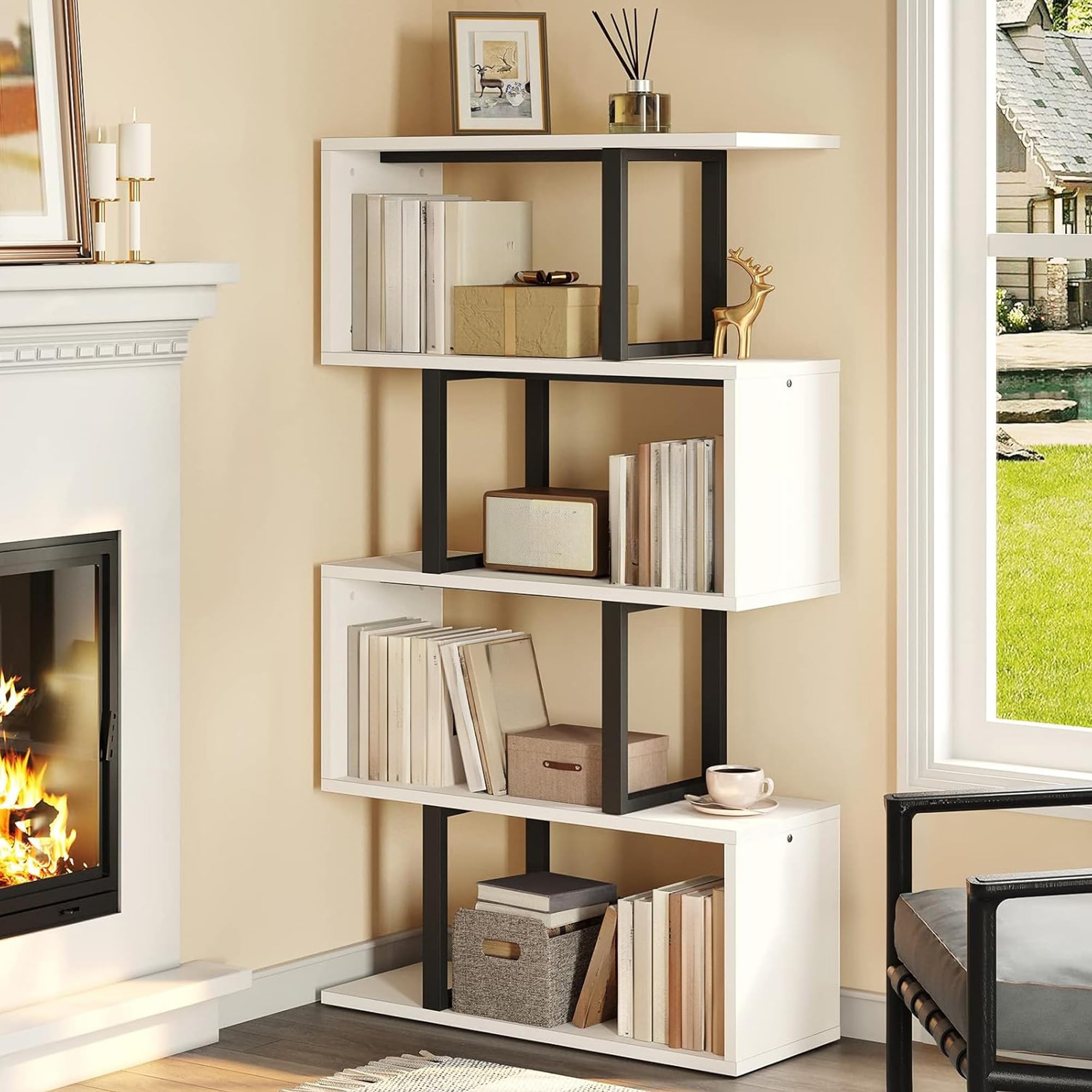 YITAHOME 5-Tier Bookshelf, S-Shaped Z-Shelf Bookshelves and Bookcase, Modern Freestanding Multifunctional Decorative Storage She