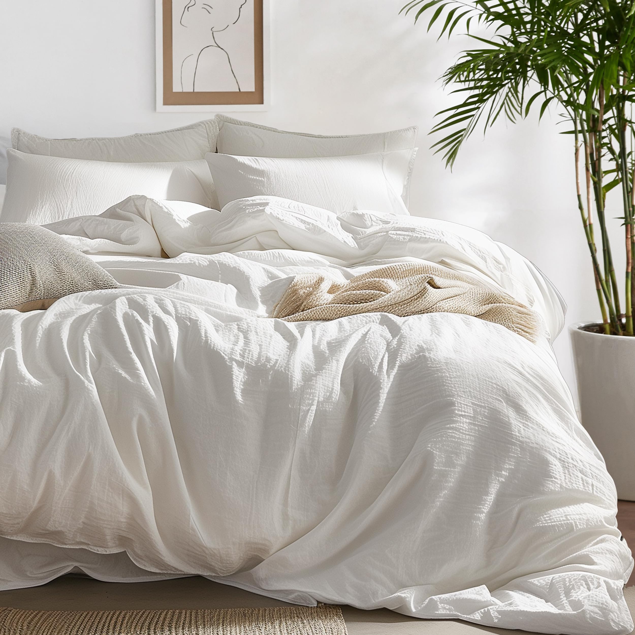 Bedsure 100% Washed Cotton Duvet Cover King Size - Warm Sand Minimalist Duvet Cover Set Linen Like - 3 Pieces Plain Simple Cotto