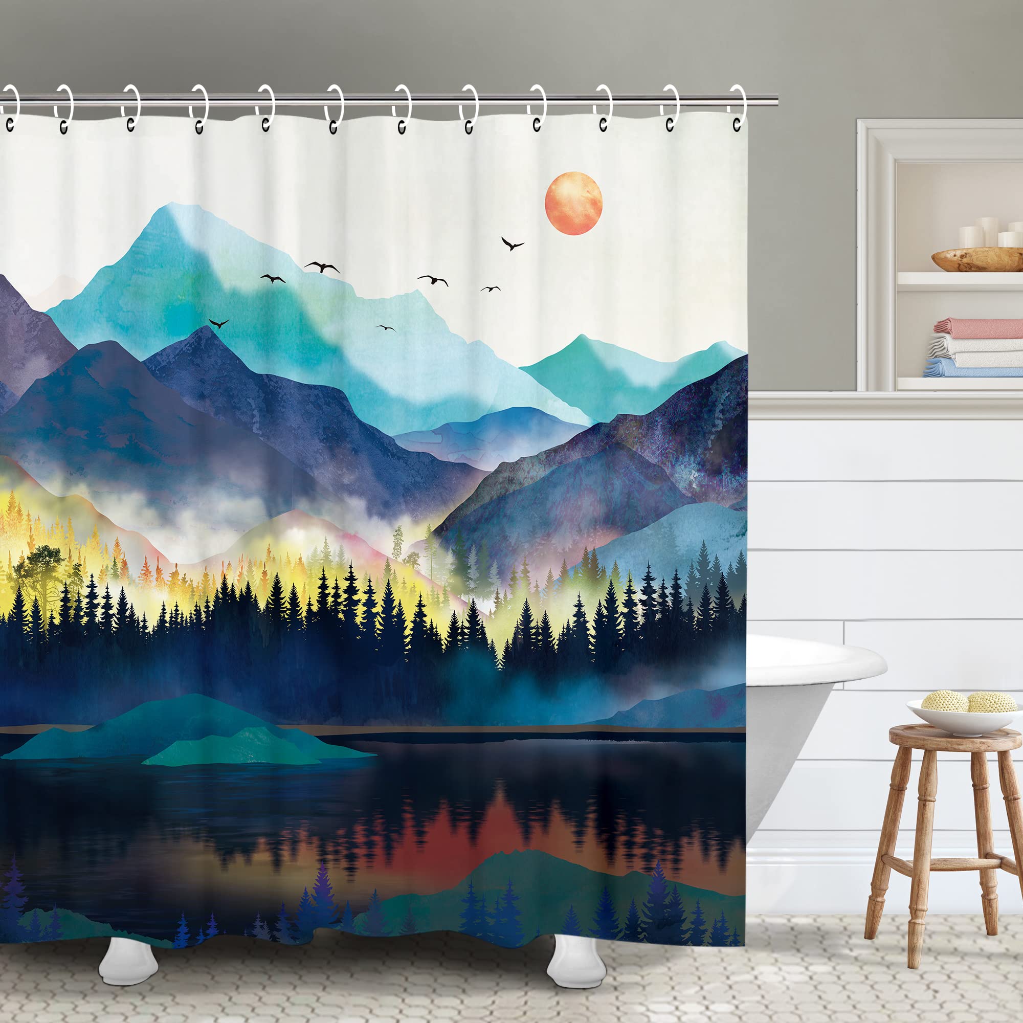 RosieLily Mountain Shower Curtain Misty Forest Shower Curtain Nature Shower Curtain, Watercolor Shower Curtain Teal Landscape Su