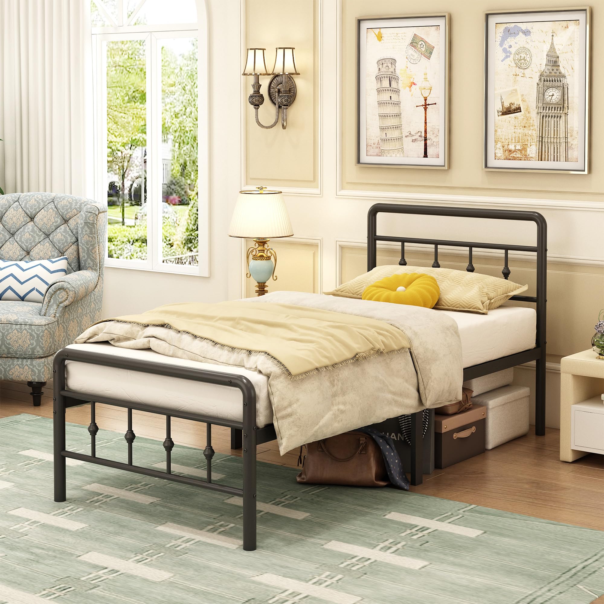 EMODA 16 Inch Twin Bed Frames with Headboard and Footboard, Heavy Duty Twin Platform Bed, Metal Slats Support Mattress Foundatio