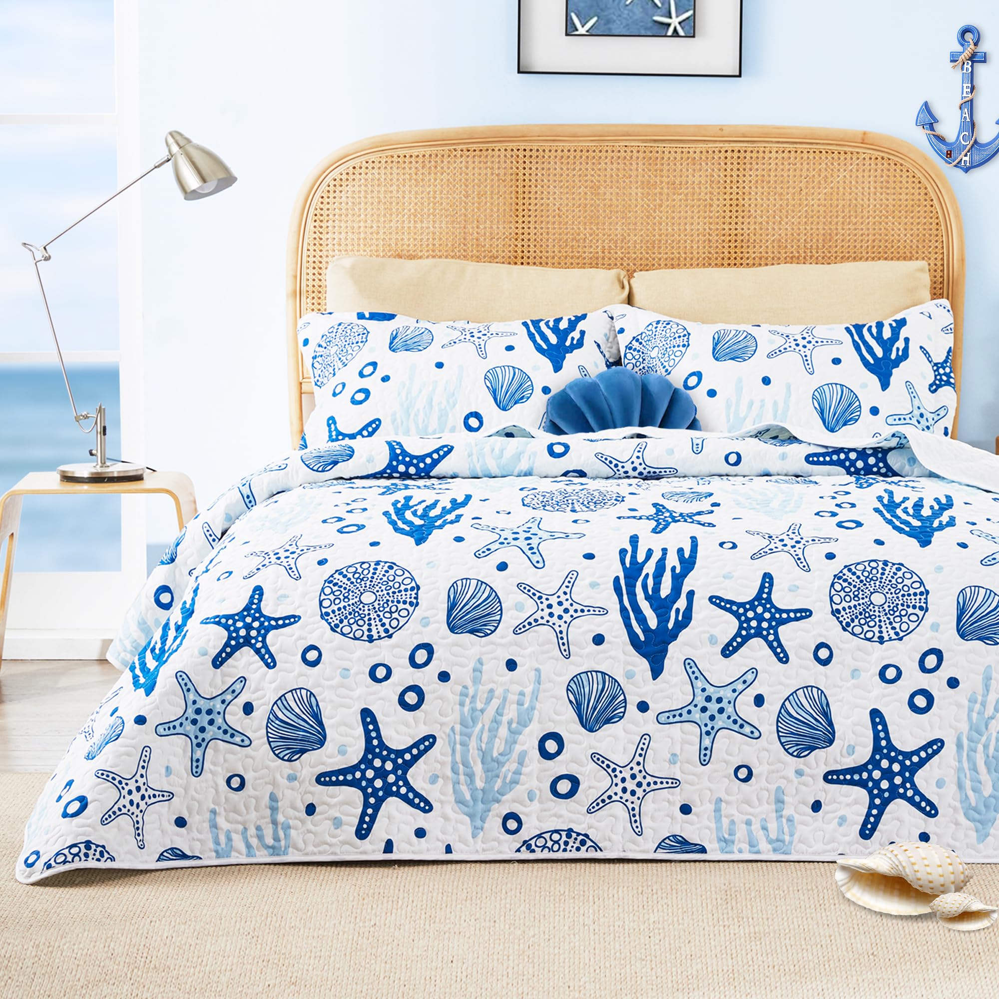 Loves cabin Twin Quilt Bedding Set Coastal White Bedspreads - Soft Bed Summer Beach Nautical Quilt Lightweight Bedspread- Rever