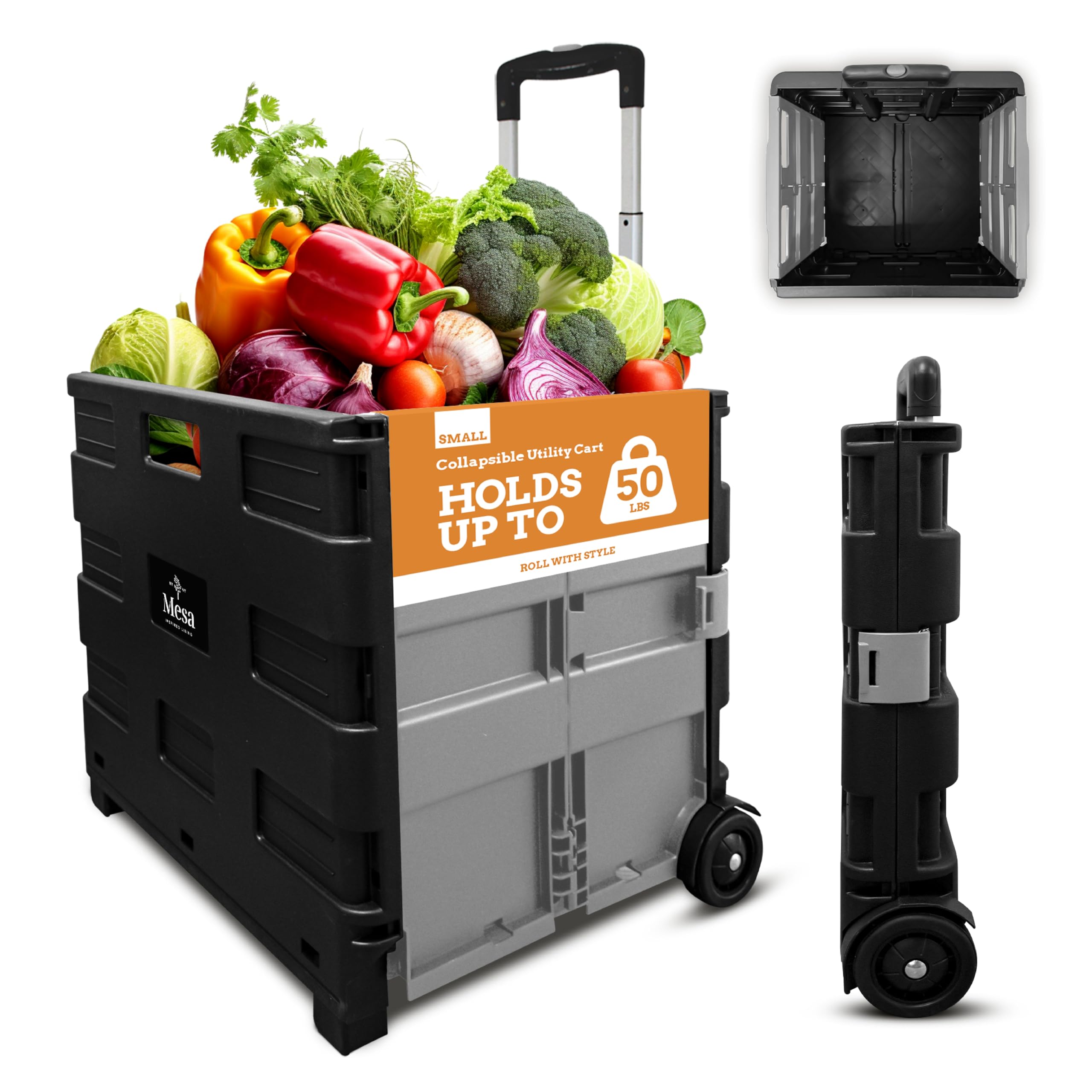 Inspired Living Ultra-Slim Rolling Collapsible Storage Pack-N-Roll Utility-carts, with Telescopic Handle, for Home, Garden, Shop