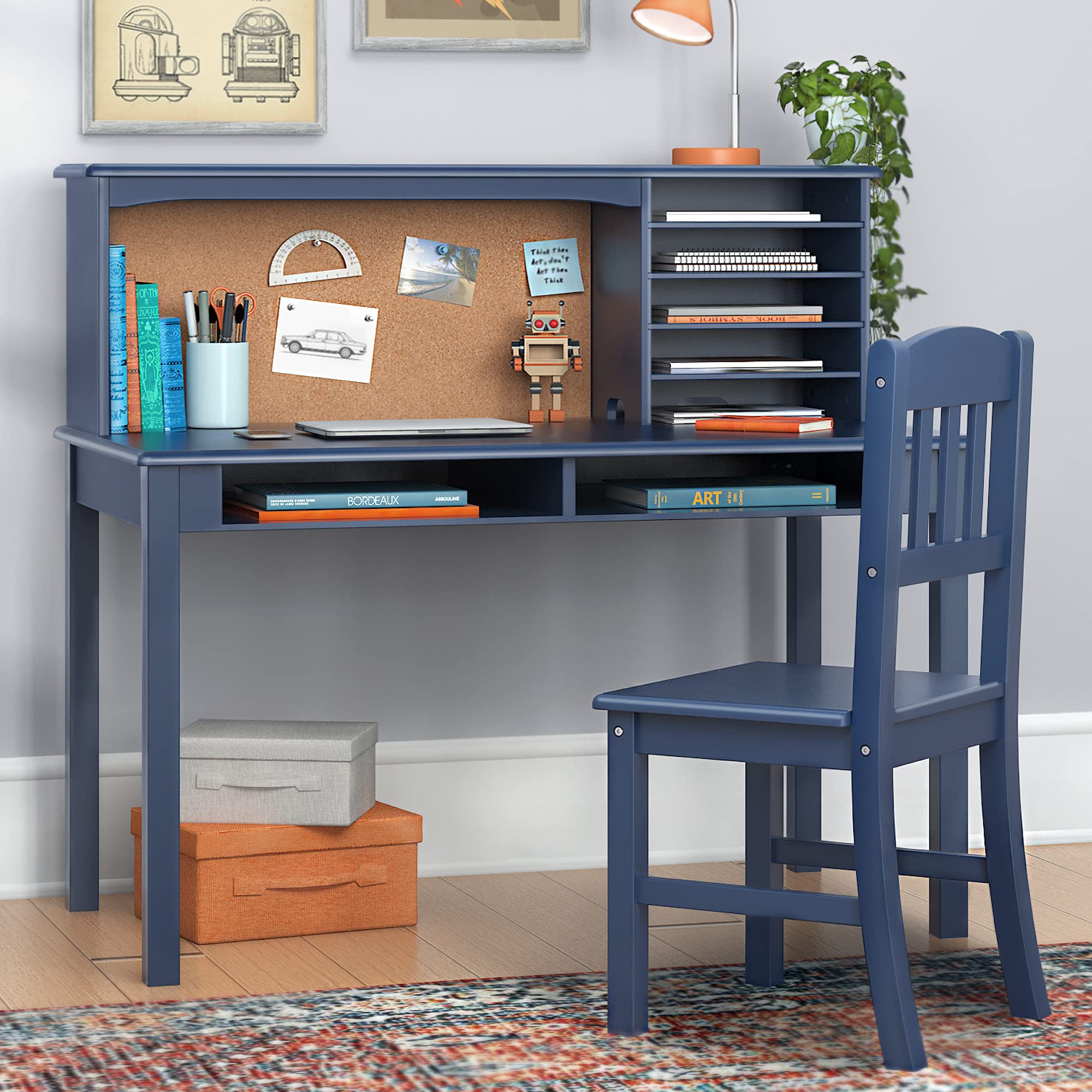 Guidecraft Kids Media Desk and Chair Set - Navy: Students Workstation with Storage, Wooden Writing Table with Hutch and Shelves