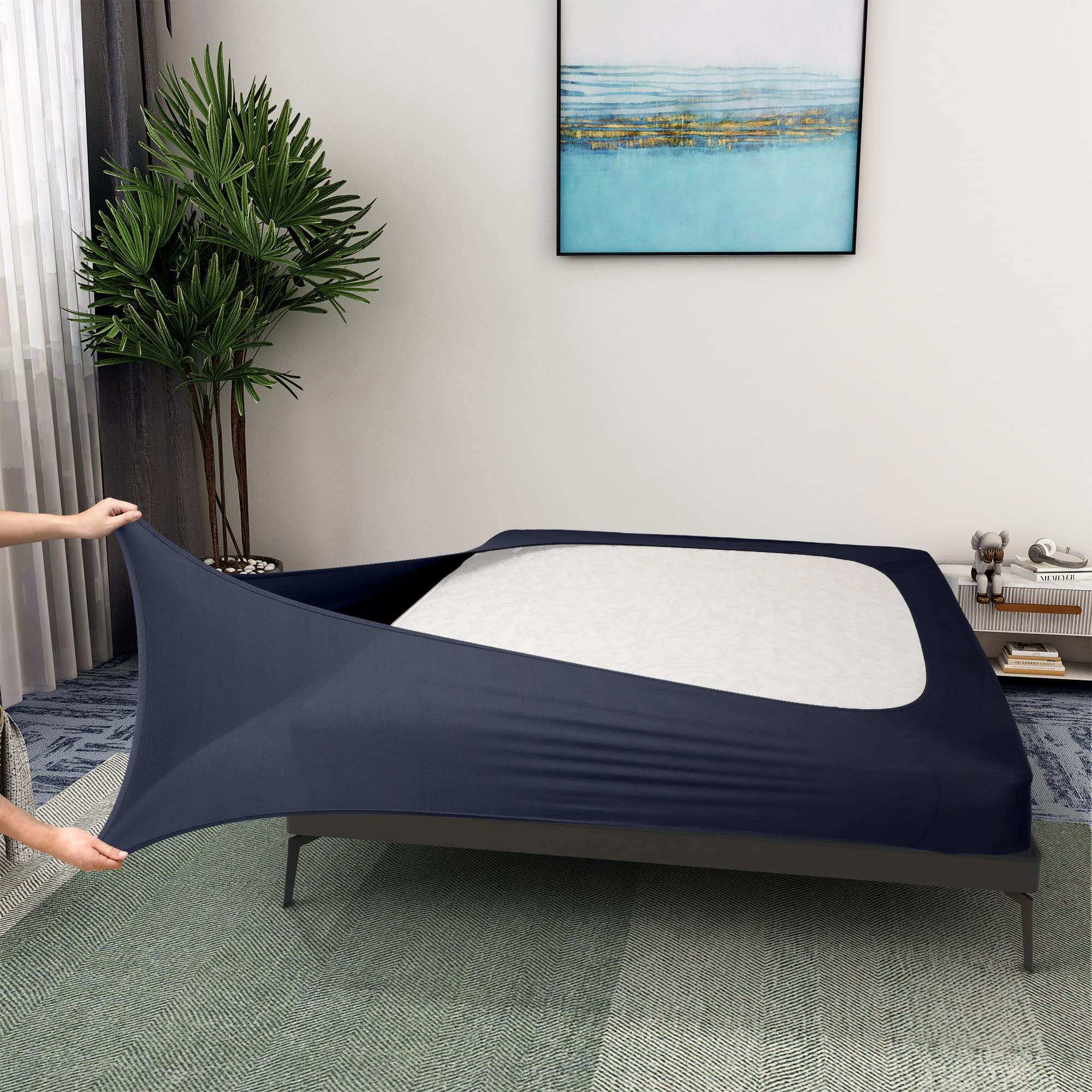 Box Spring Cover Twin Size - Jersey Knit & Stretchy Wrap Around 4 Sides Bed Skirt for Hotel & Home - Twin/Twin XL, Navy