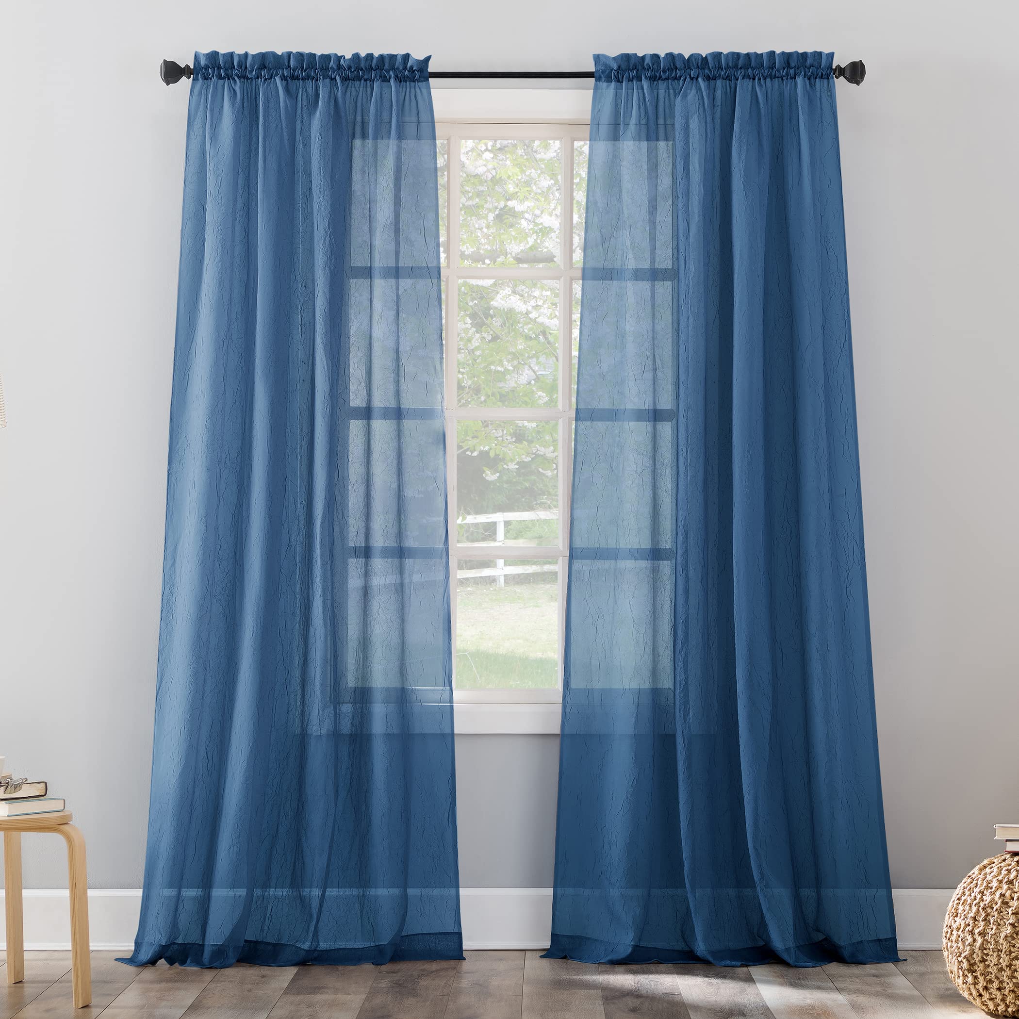 No. 918 Erica Crushed Sheer Voile Rod Pocket Curtain Panel, 51 x 84, Blue