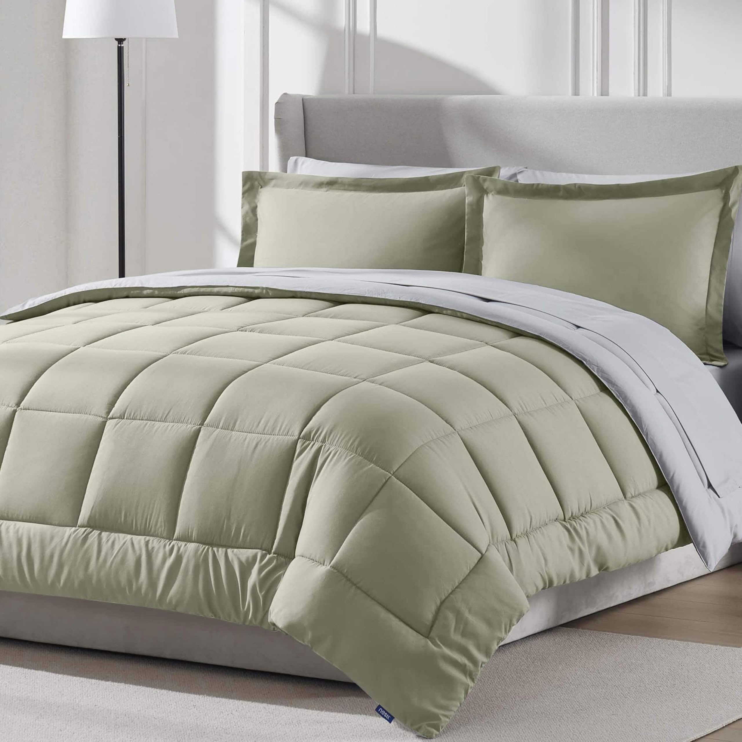 Nestl 7 Piece Full Comforter Set - Light Sage Reversible Bed in a Bag - Complete Full Size Bedding Set with Sheets, Pillowcases 