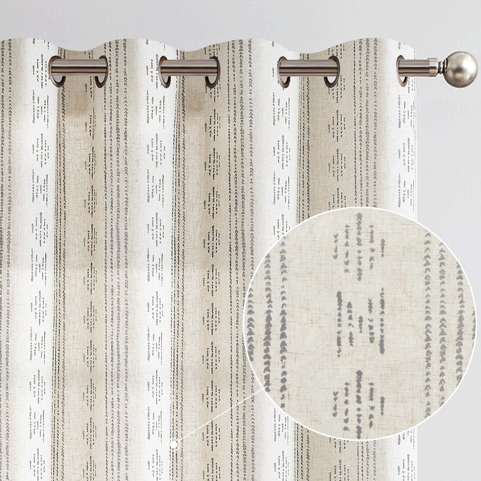 jinchan Boho Curtains Linen Curtains for Living Room Grey Farmhouse Curtains 96 Inch Length Geometric Striped Patterned Mudcloth