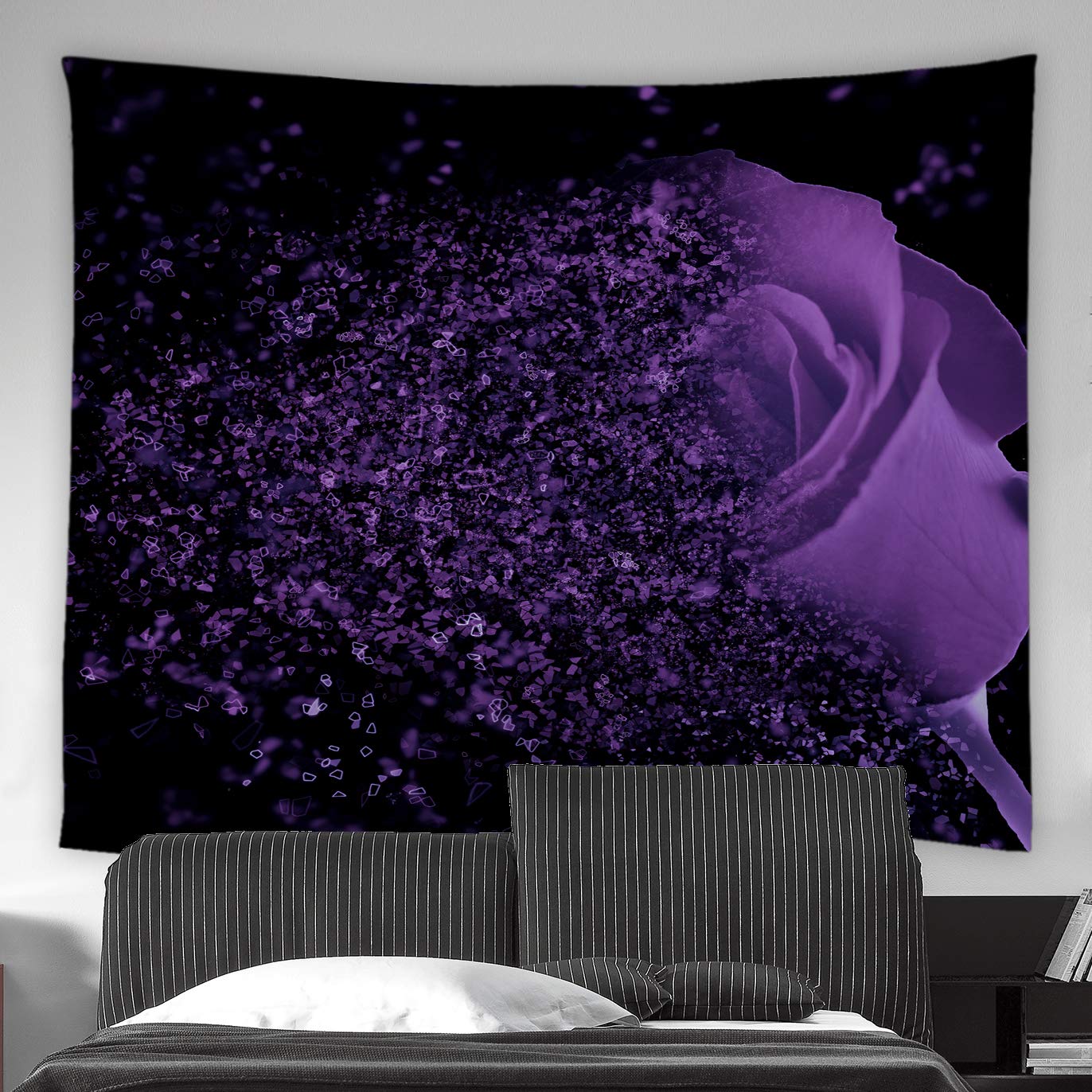 AMFD Purple Rose Tapestry Fantasy Dream Flower Magic Glamorous Black Background Home Decor Wall Hanging Art for Living Room Bedr