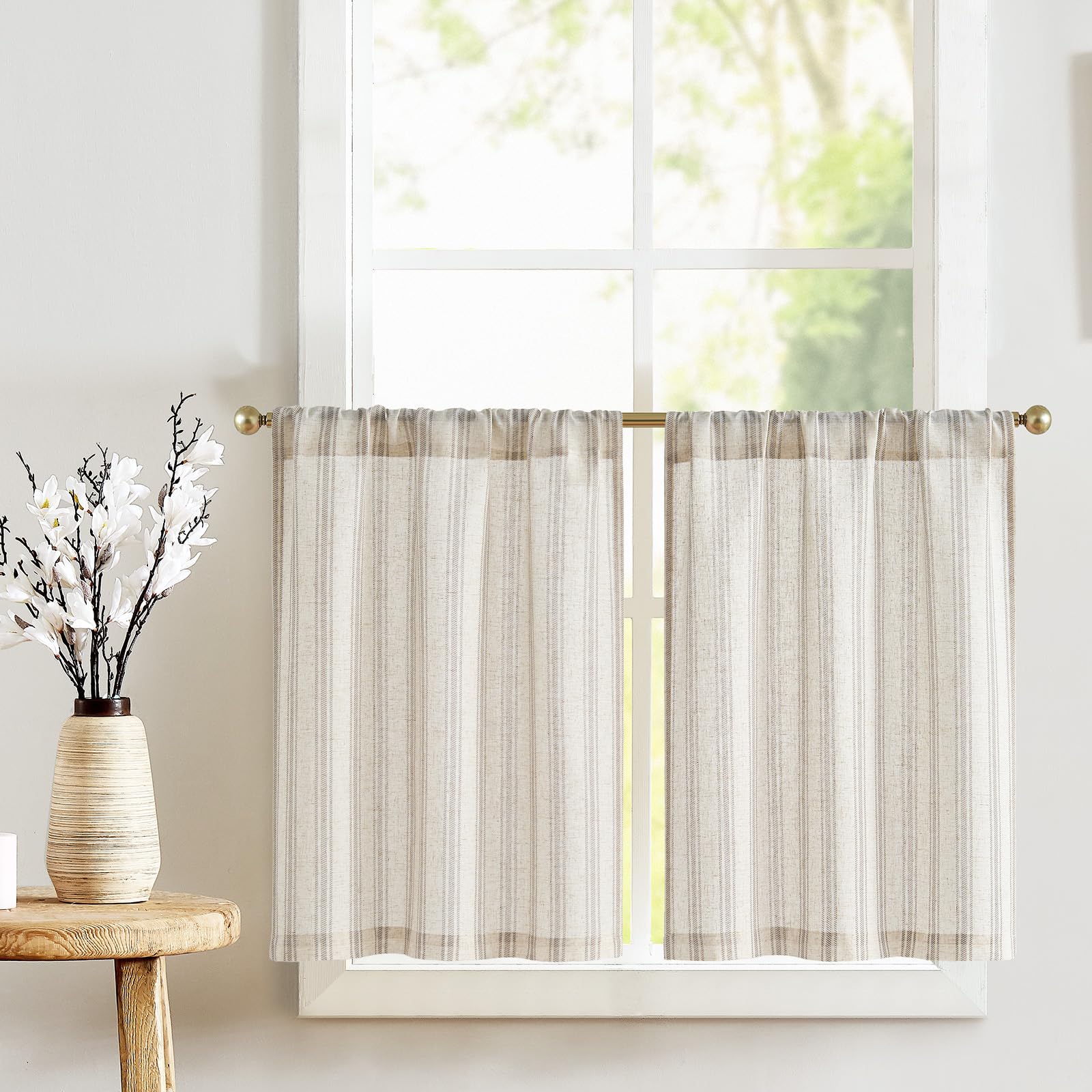 jinchan Striped Linen Kitchen Tier Curtain Rustic Cafe 30 Inch Small Window Balanced Stripe Half Window Curtains for Living Room
