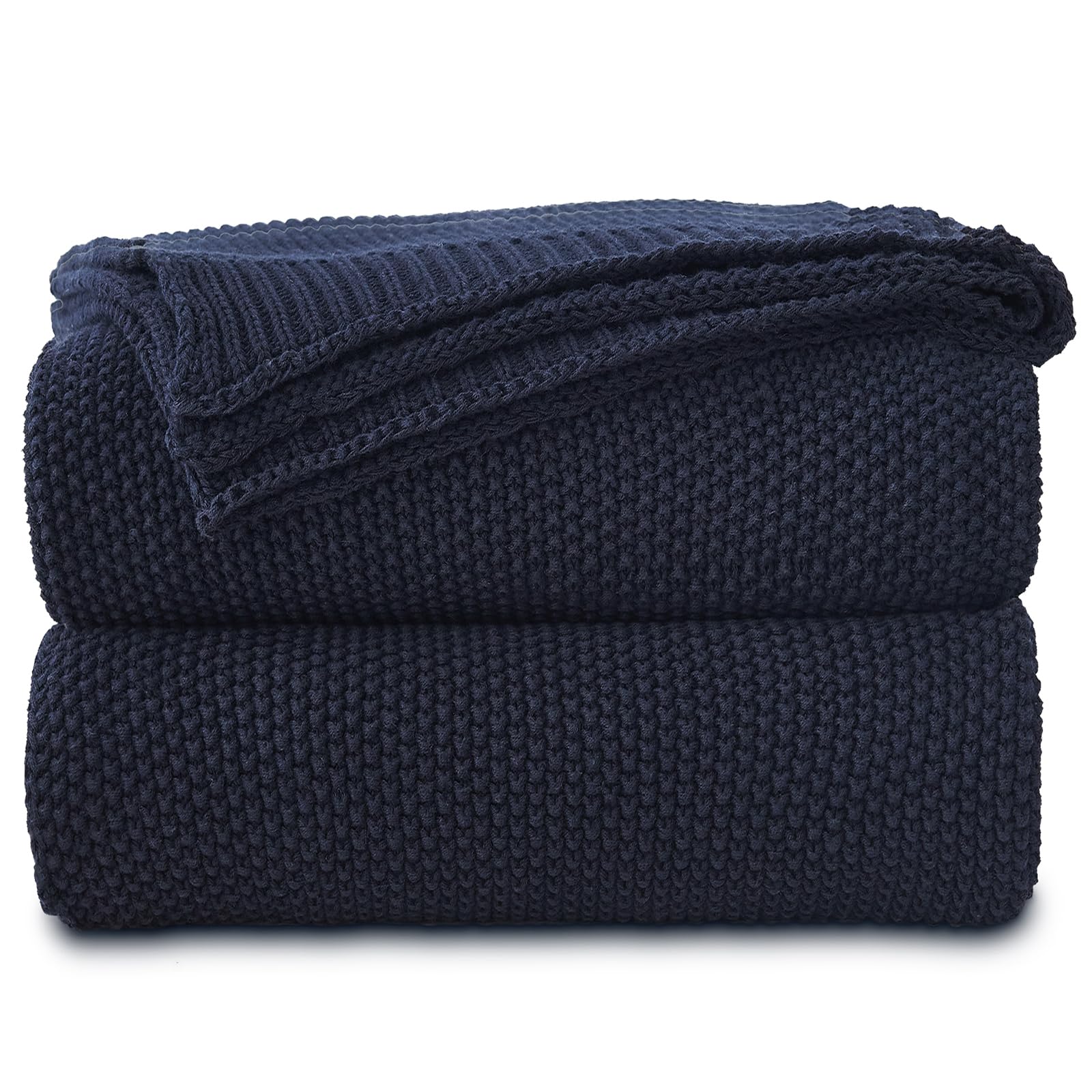 Longhui bedding Dark Navy Blue Cotton Cable Knit Throw Blanket for Couch Sofa Bed, Lightweight Home Decorative Throws, Bonus Lau