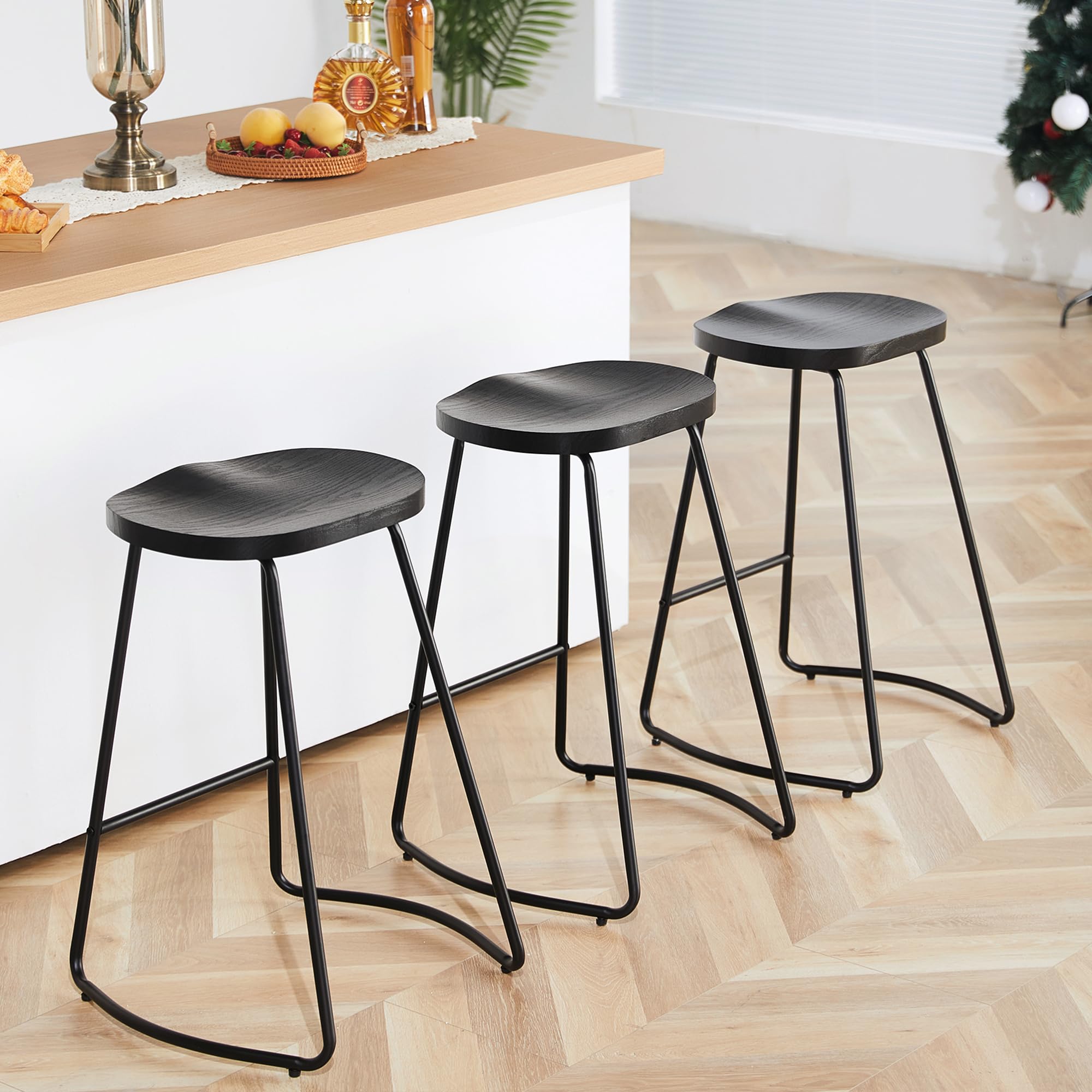 HeuGah Bar Stools Set of 3, Counter Height Saddle Seat Bar Stools, 26 Backless Barstool for Kitchen Island, Black Wood Bar Stool