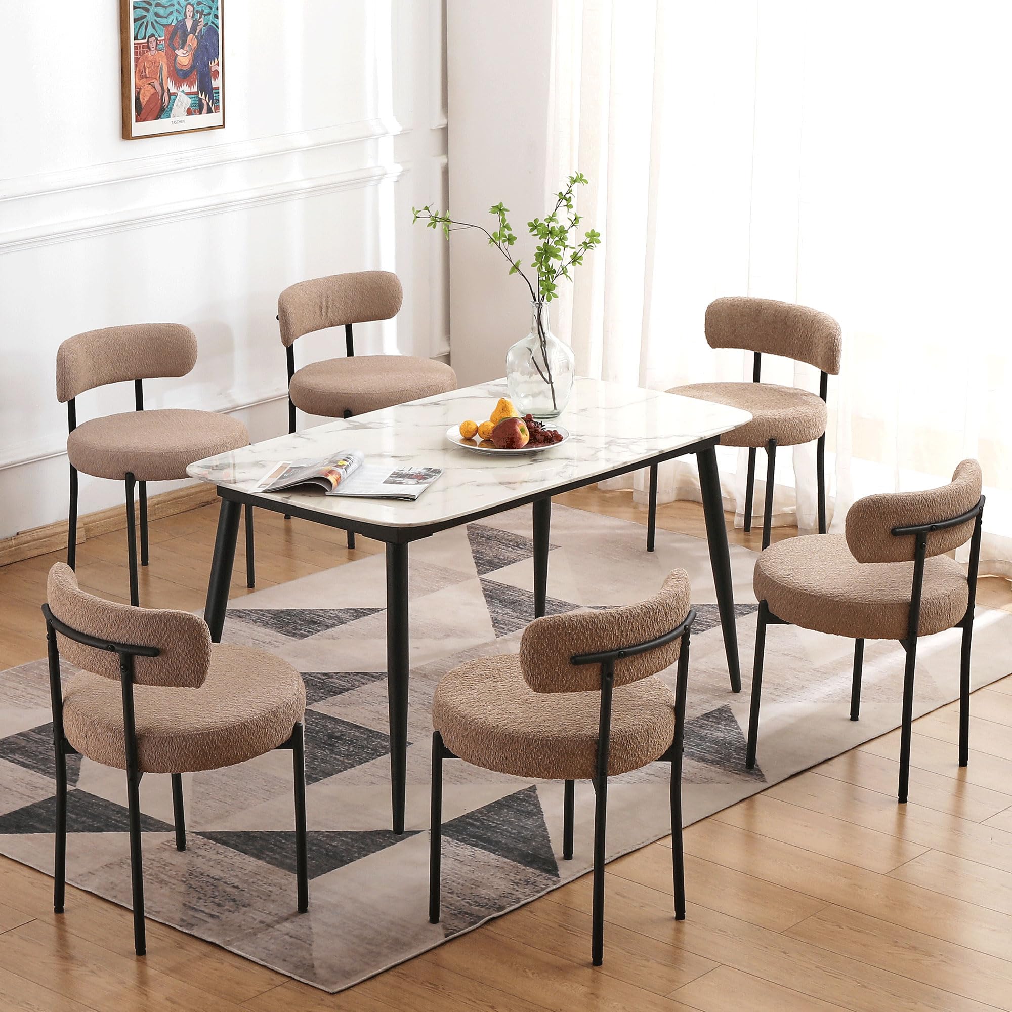 EDWELL Dining Chairs Set of 6, Round Upholstered Kitchen Dining Room Chairs, Mid- Century Modern Sherpa Dining Chair with Black 