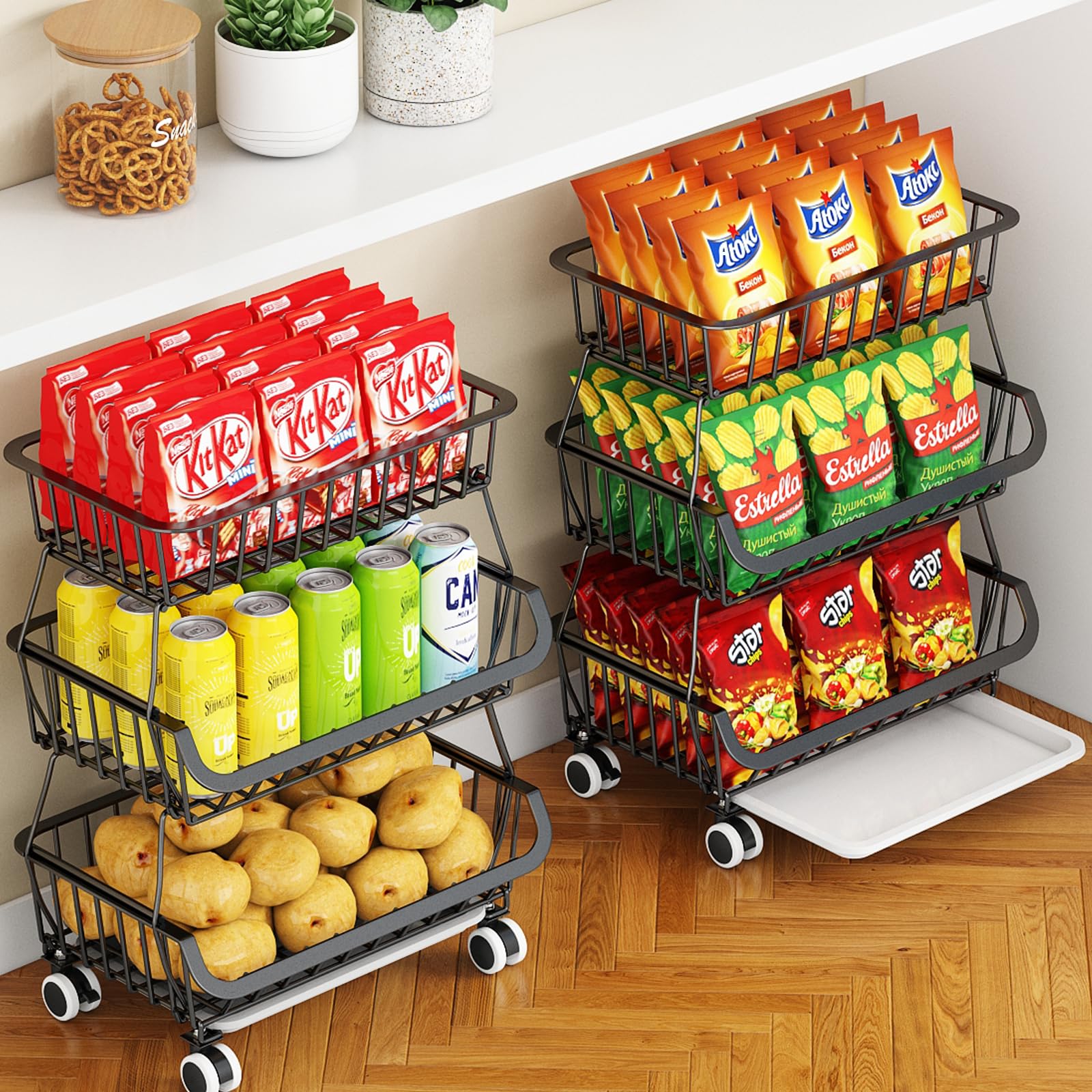 3-Tier Rolling Pantry Cart with Wheels, Stackable Wire Storage Floor Organizer for Kitchen Pantry Snack Shelves, Fruit Basket St