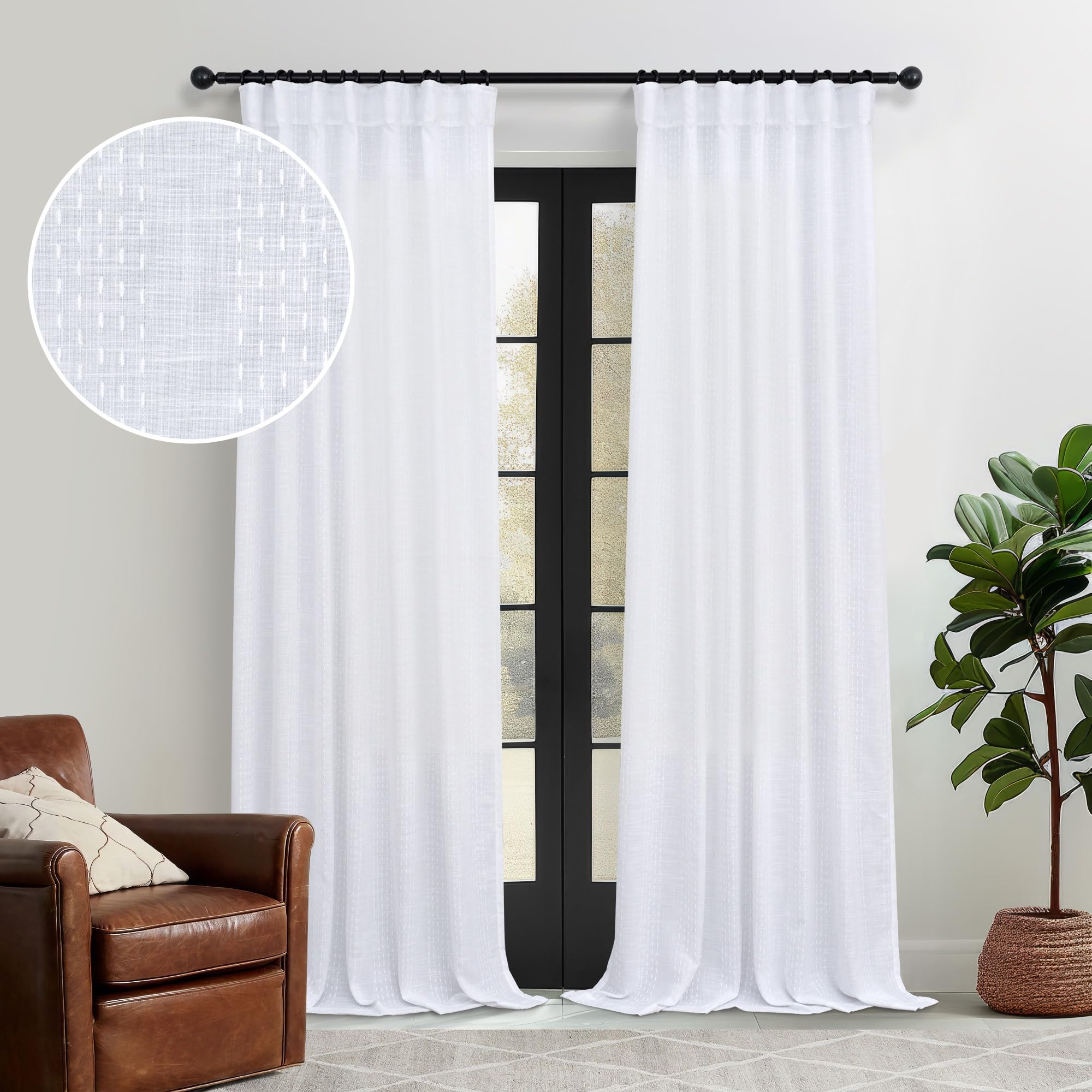 White Linen Curtains 90 Inch Long for Living Room 2 Panels Pinch Pleated Back Tab Pocket Track Patterned Textured Country Wester