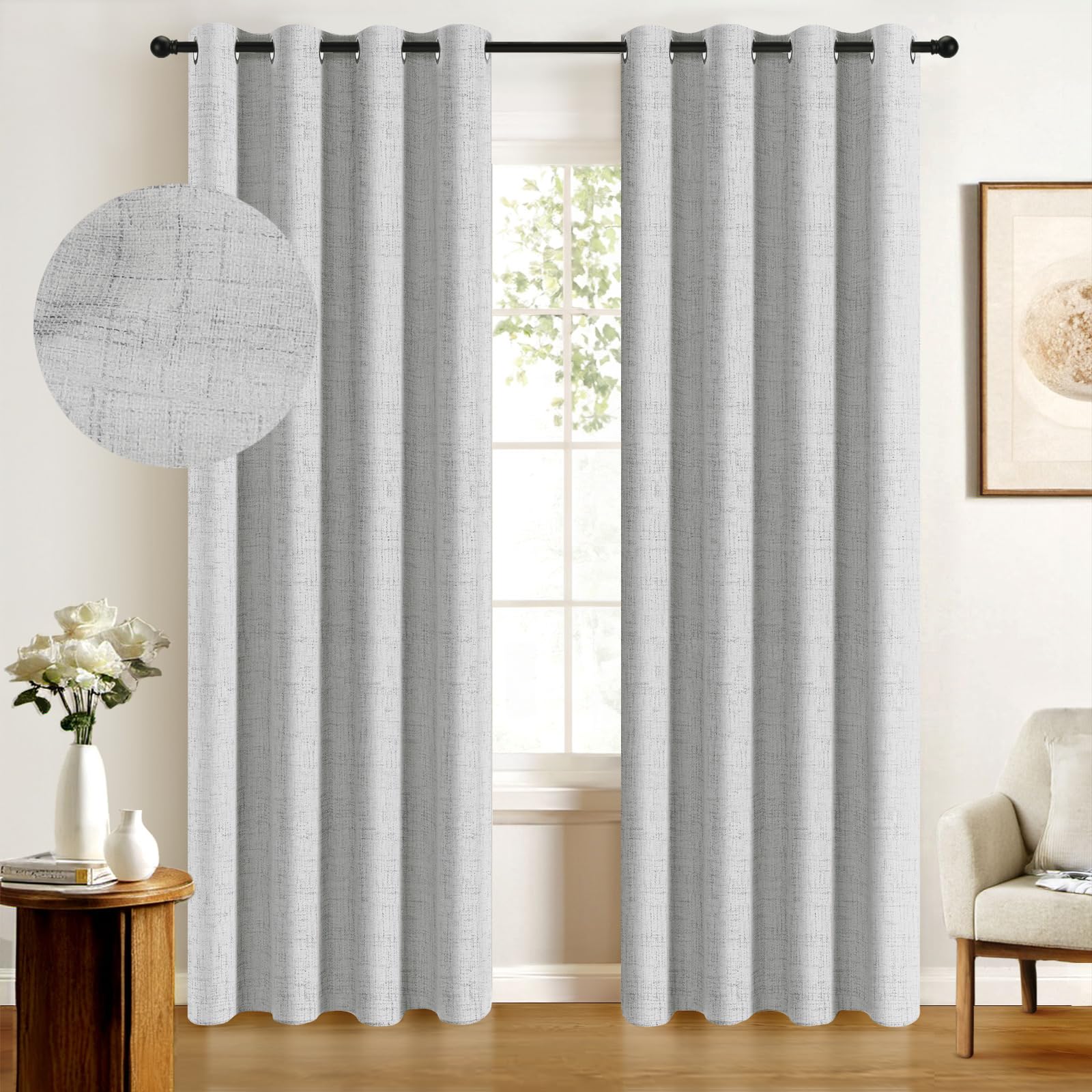 100% Blackout Shield Curtains, Grey, 2 Panels, 50  W x 108  L, Linen Textured Look, Thermal Insulated, Full Light Blackout, 