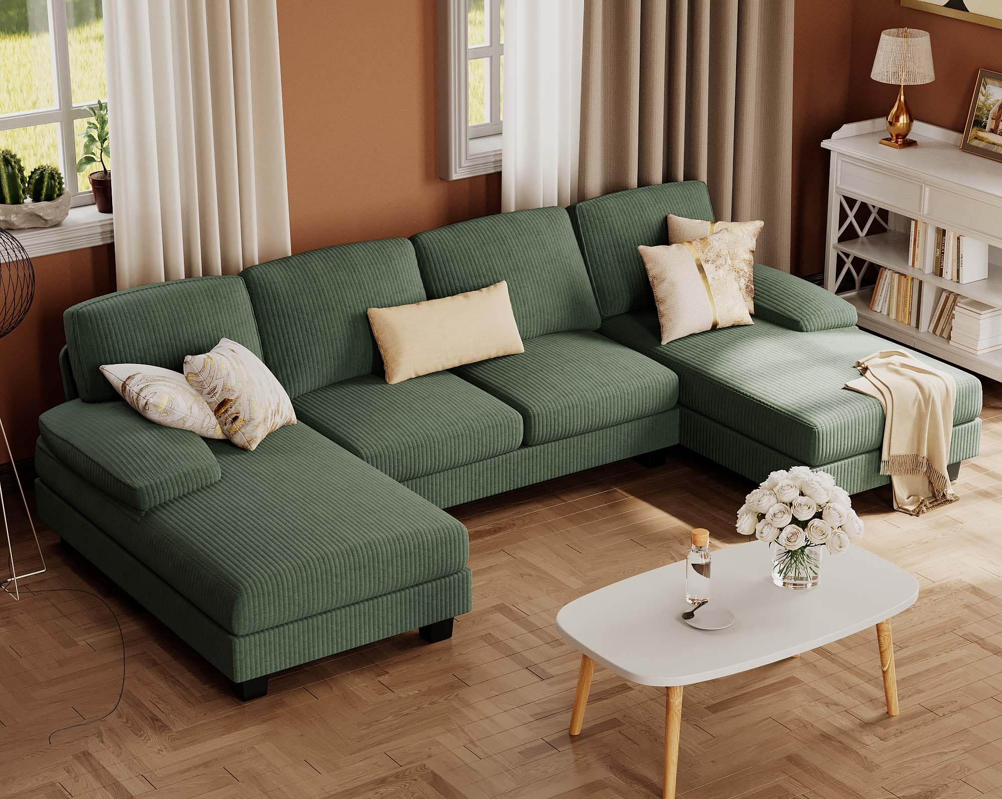Furmax Sectional Couches for Living Room, U-Shaped Sofa Couch with Soft Corduroy, 4 Seat Sofa Set with Double Chaise for Apartme
