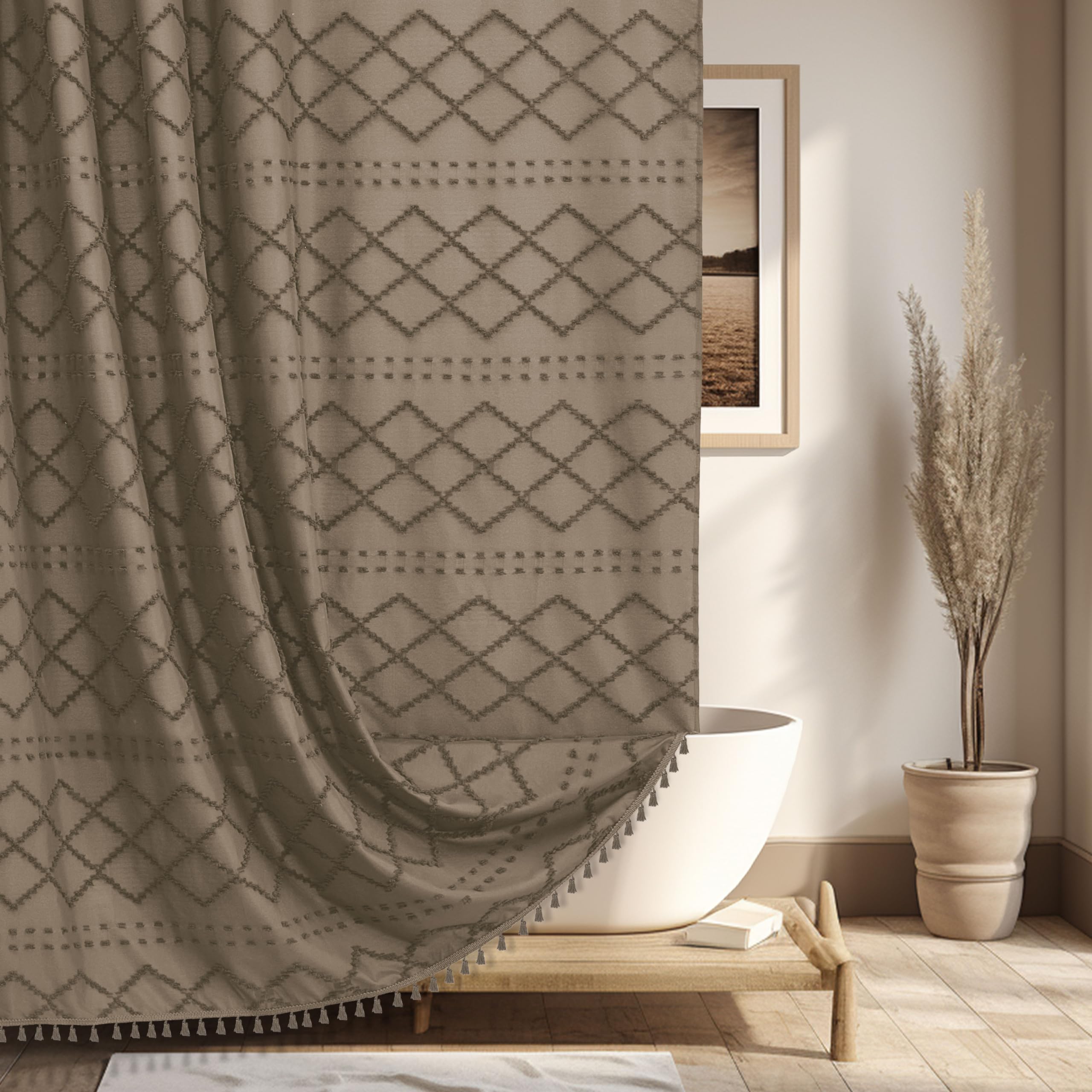 Siiluminisoy Boho Farmhouse Shower Curtain Woven Fabric Khaki Shower Curtain, 72 x 72 Tufted Chevron Textured Striped Modern Min