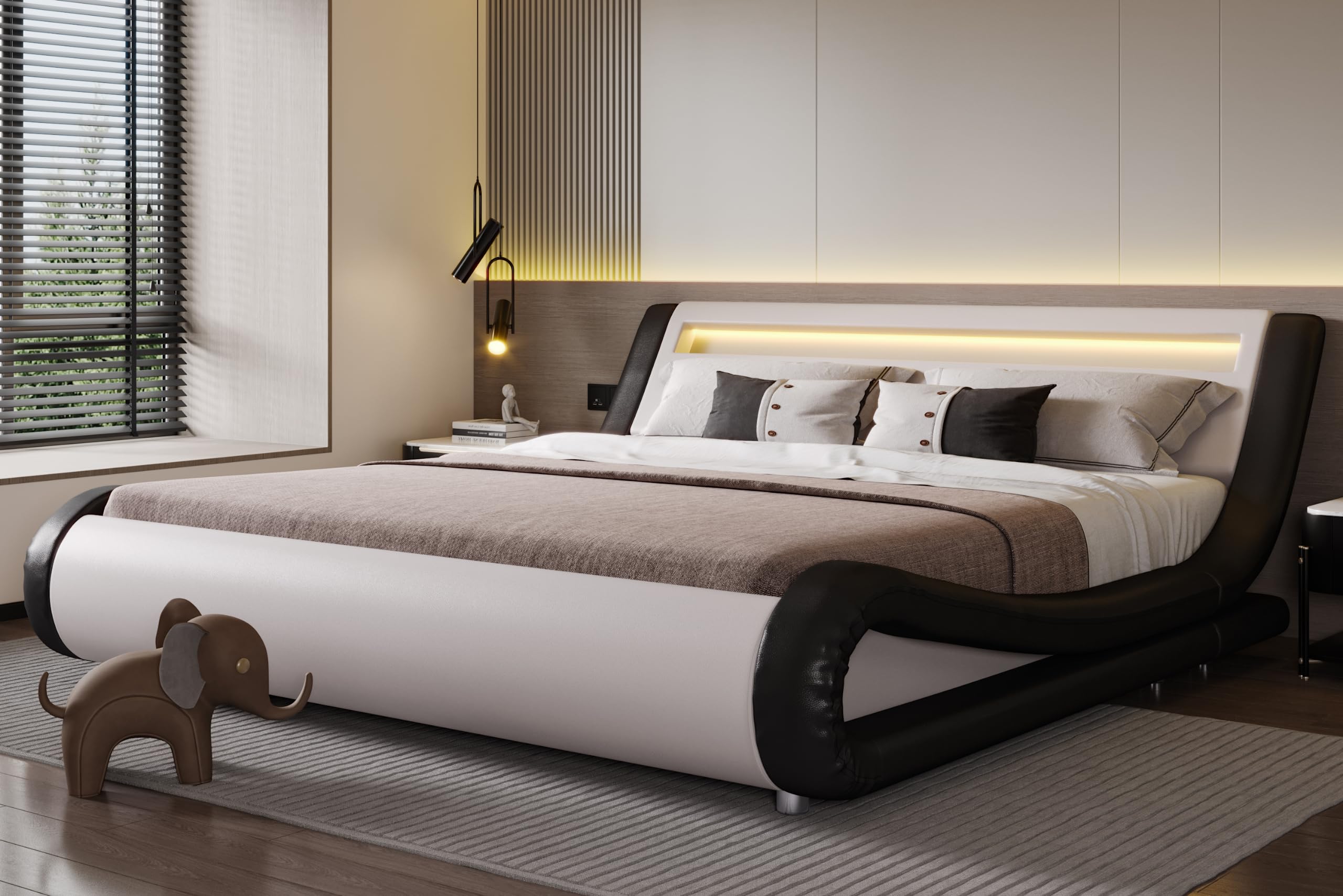 SHA CERLIN LED King Deluxe Upholstered Bed Frame with Adjustable Headboard - Low Profile Sleigh Design, Strong Wood Slats Suppor