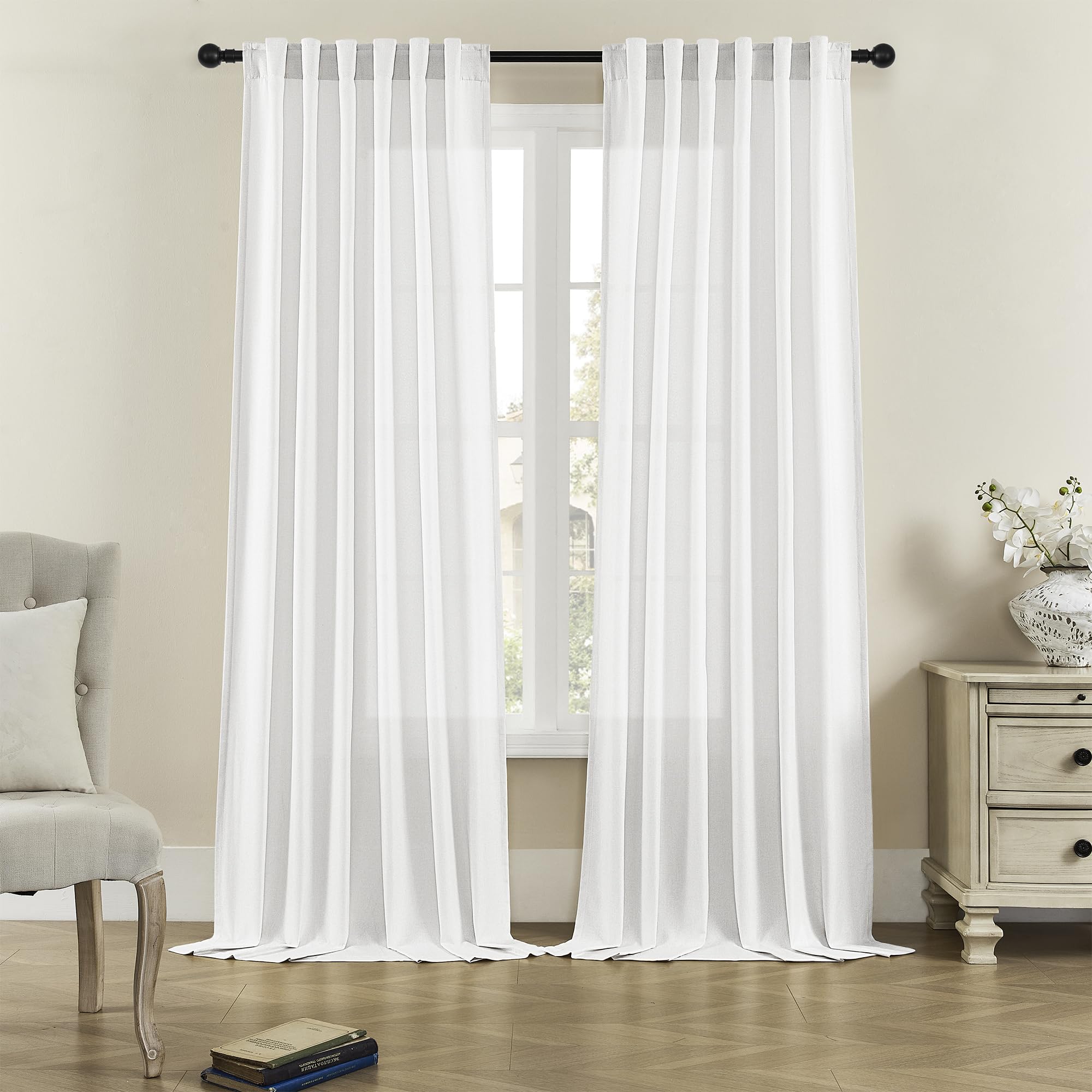White Curtains 70 Inches Long Semi Sheer Drapes for Living Room, Linen Textured Rod Pocket and Back Tab Voile Window Treatments 