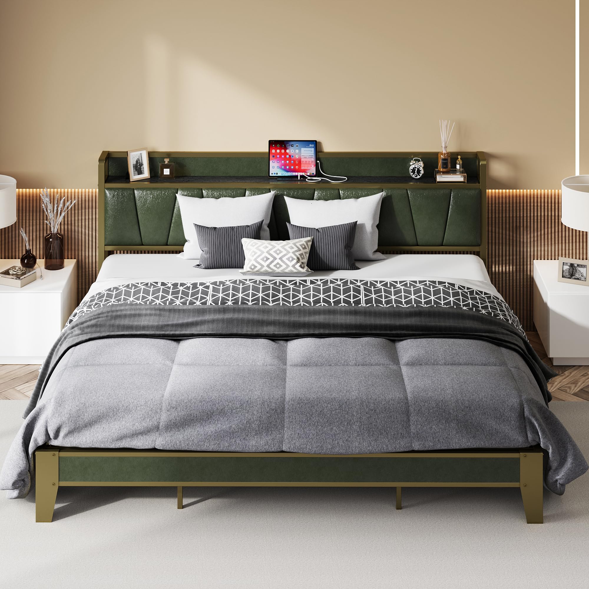 LIKIMIO California King Bed Frame, Storage Headboard with Charging Station, Solid and Stable, Noise Free, No Box Spring Needed, 