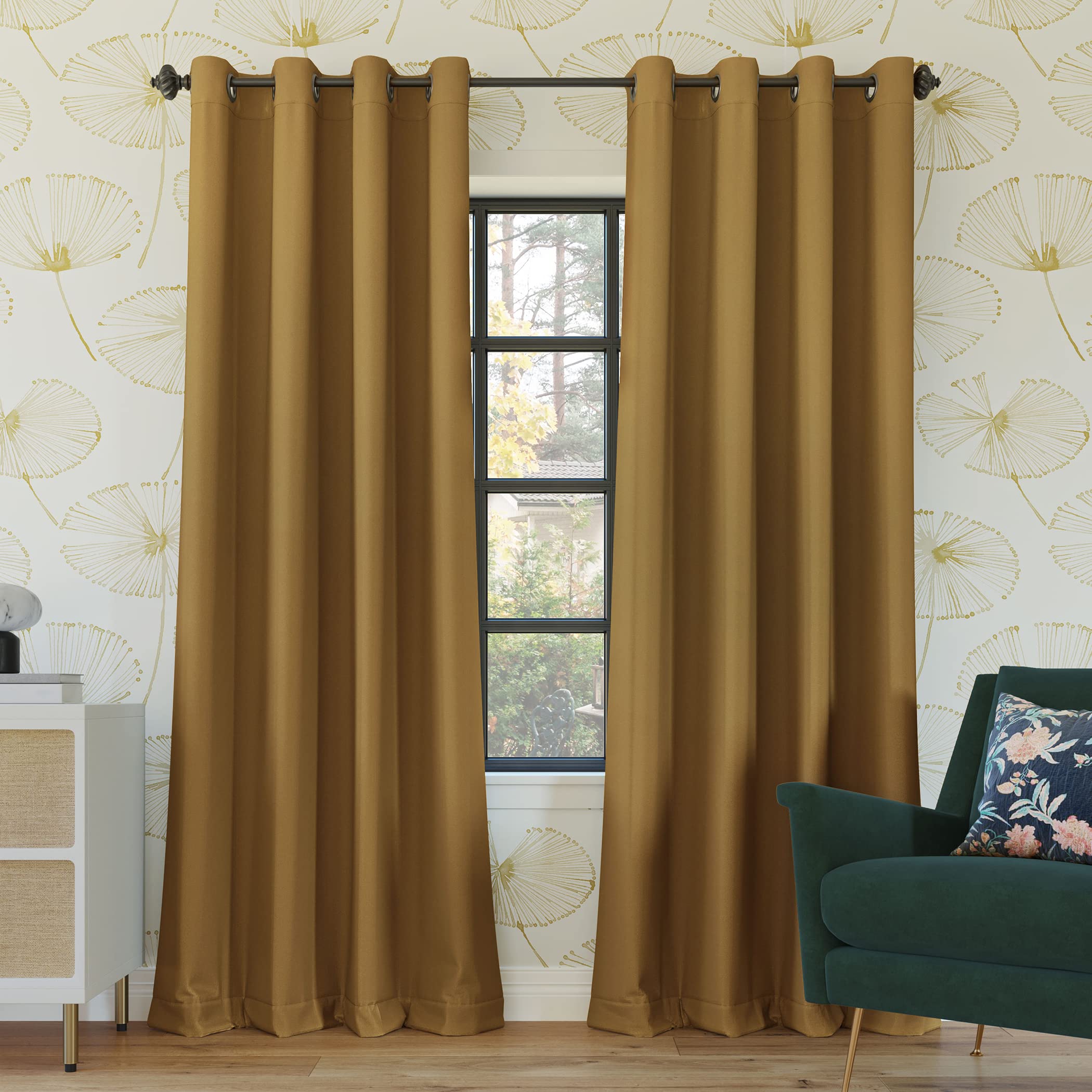 Sun Zero Nordic 2-Pack Theater Grade Noise Reducing Extreme 100% Blackout Grommet Curtain Panel Pair, 52 x 63, Gold