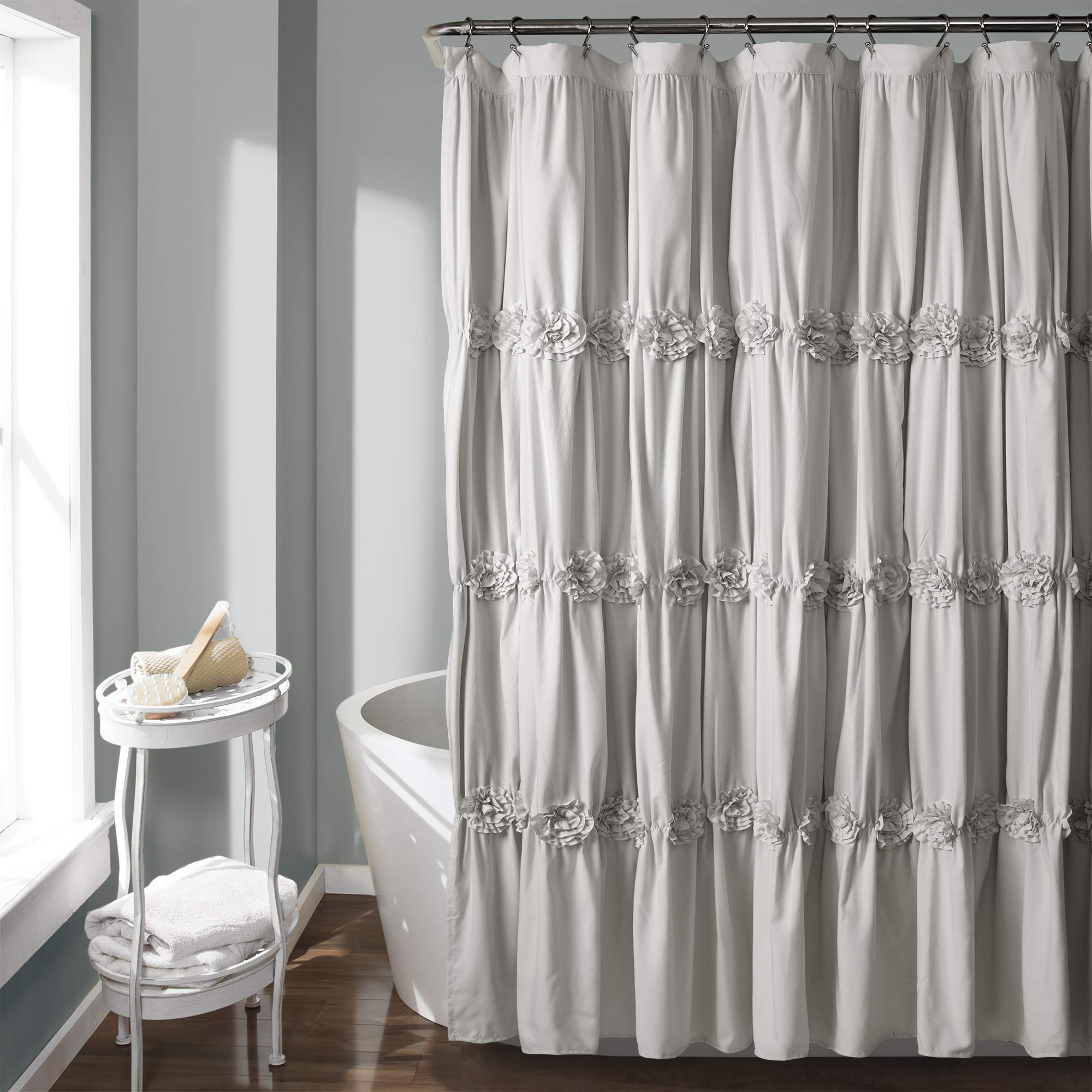 Lush Decor Darla Ruched Floral Bathroom Shower Curtain, 72    x 72   , Light Gray
