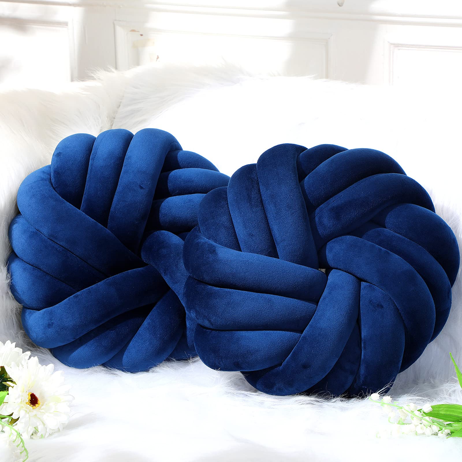 Fumete Royal Blue Decorative Pillows 14 x 14 Inch Throw Knot Pillow for Couch Bedroom Soft Plush Sofa Pillow Ball Handmade Chair