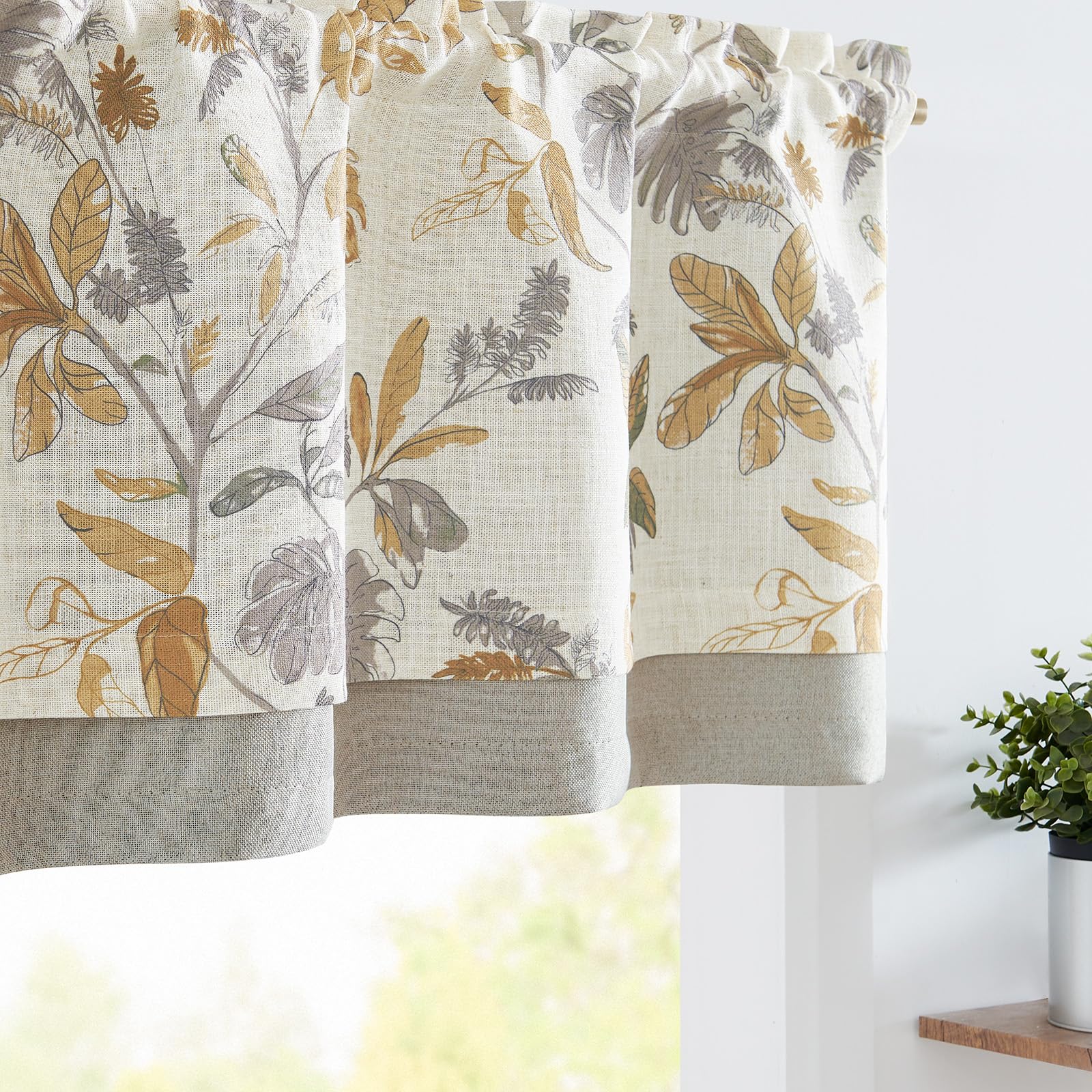 jinchan Linen Valance Double Layer Kitchen Window Curtain Yellow Leaf on Beige Valance for Living Room Cafe Farmhouse Room Darke