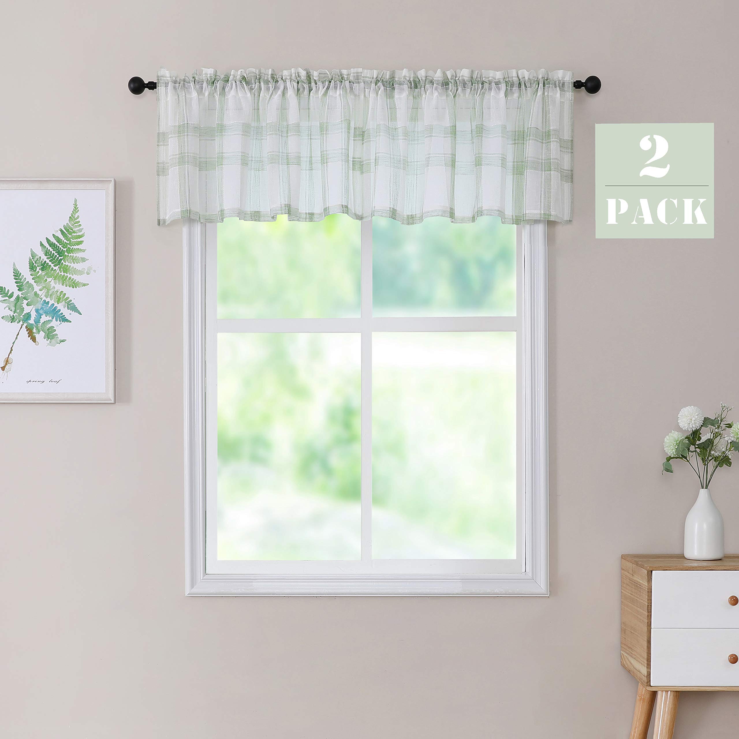 Randall White Green Check Linen Caf   Valance Curtain for Living Room Semi-Sheer Rod Pocket Classic Country Farmhouse Style Wind