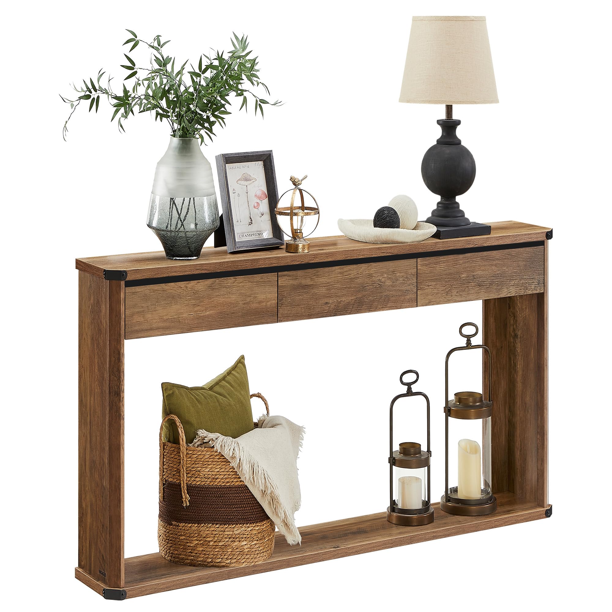 VASAGLE Console Table, 47.2 Inches Sofa Table, Narrow Entryway Table, Entry Table with 3 Drawers, Bottom Shelf, Metal Corners, f