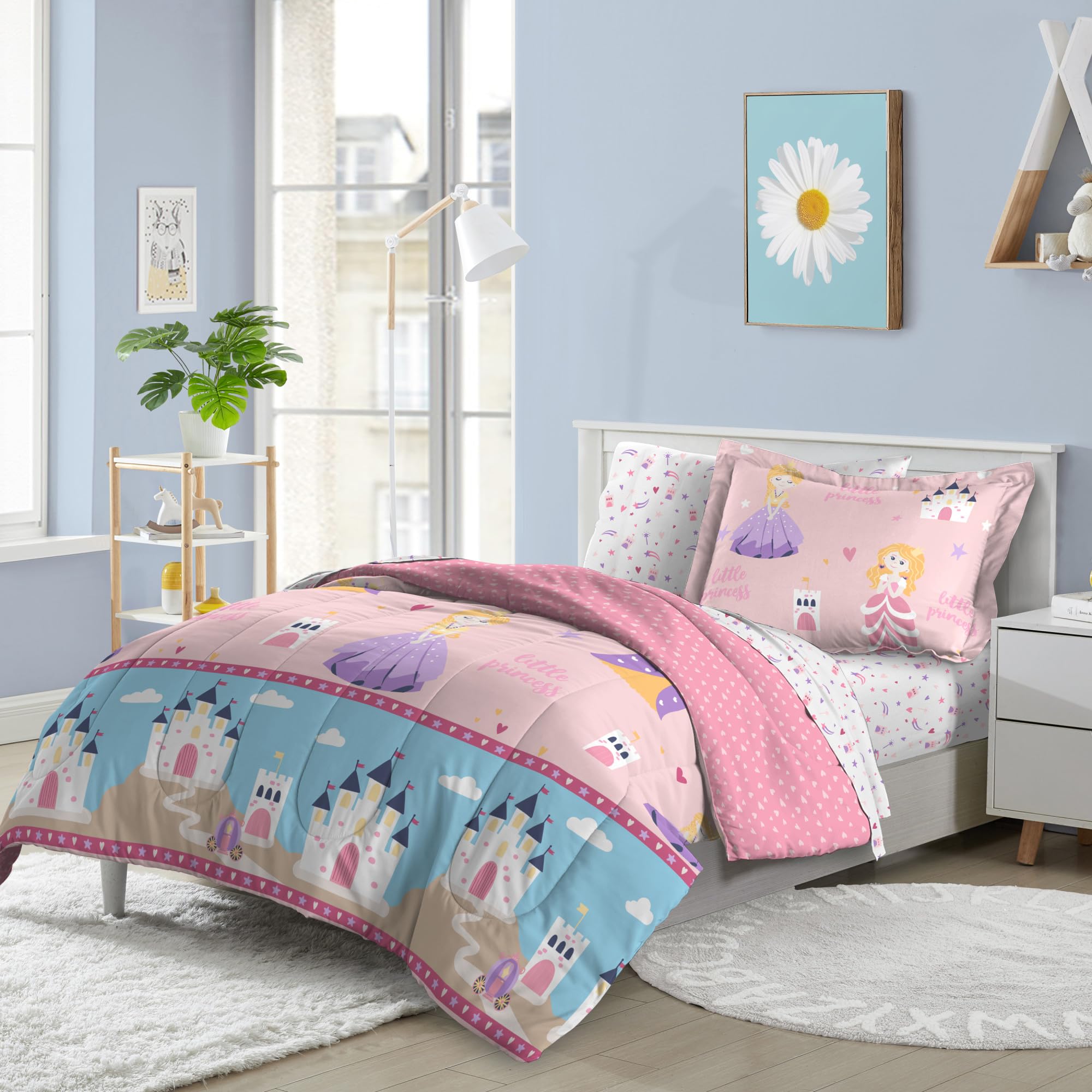 dream FACTORY Kids 7-Piece Complete Bed Set Easy-Wash Super Soft Microfiber Comforter Bedding, Full, Pink Little Princess
