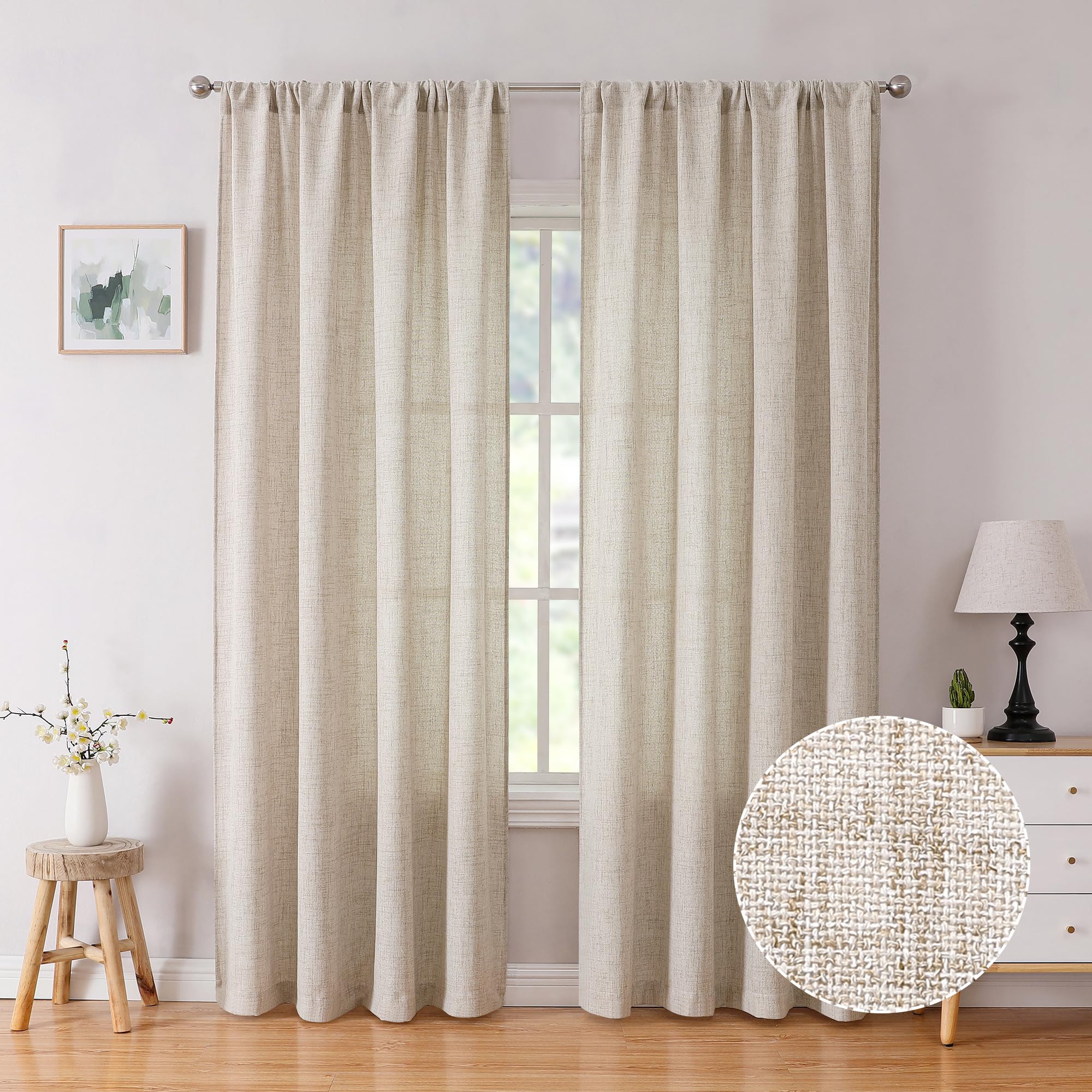 Tollpiz Linen Curtain Bedroom Rod Pocket Semi Sheer Curtains Burlap Light Filtering Thick Linen Drape for Living Room, 38 x 84 i