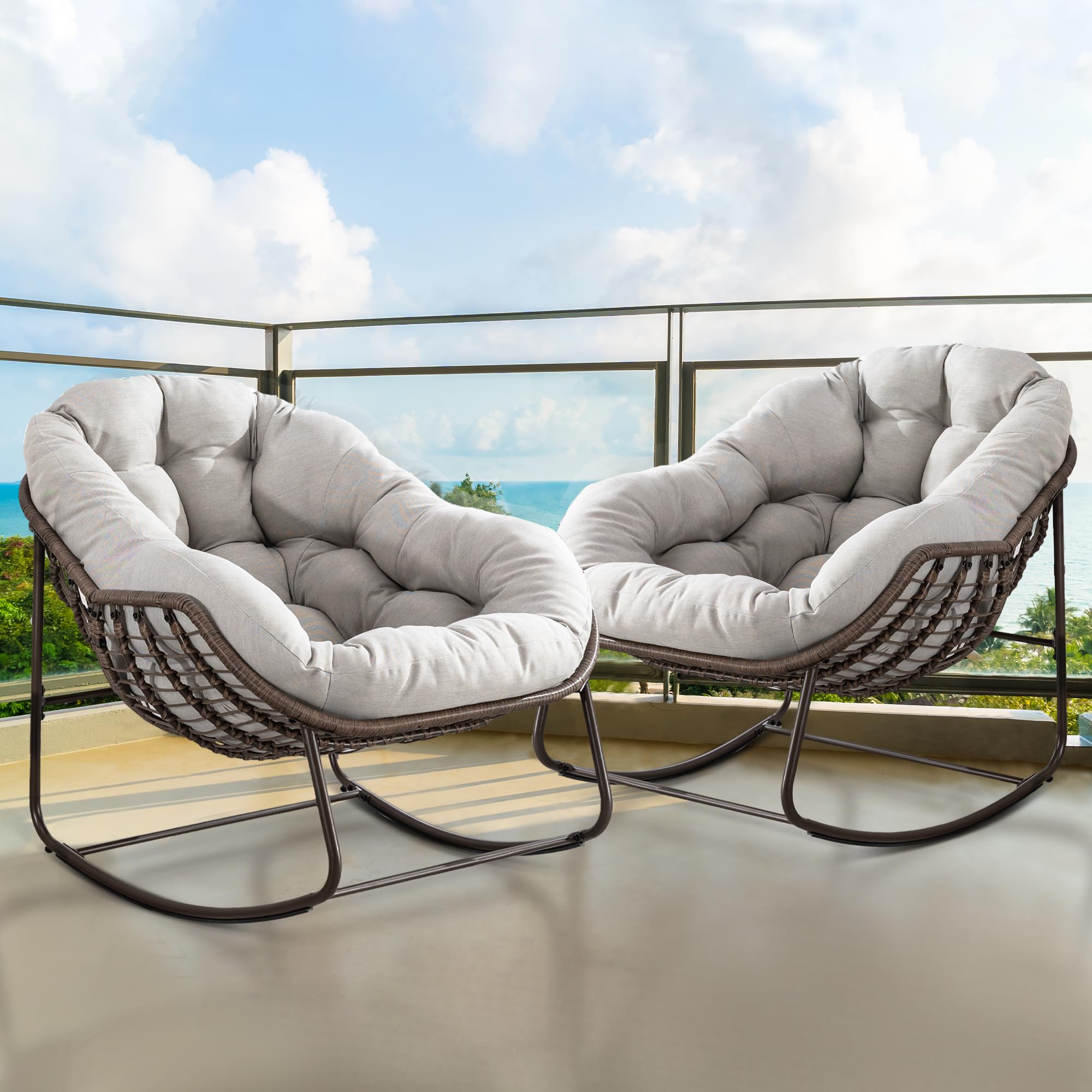 Villeston Outdoor Papasan Rocking Chair - Oversized Comfy Patio Chair Set of 2 Indoor Egg Royal Double Rattan Rocking Chair with