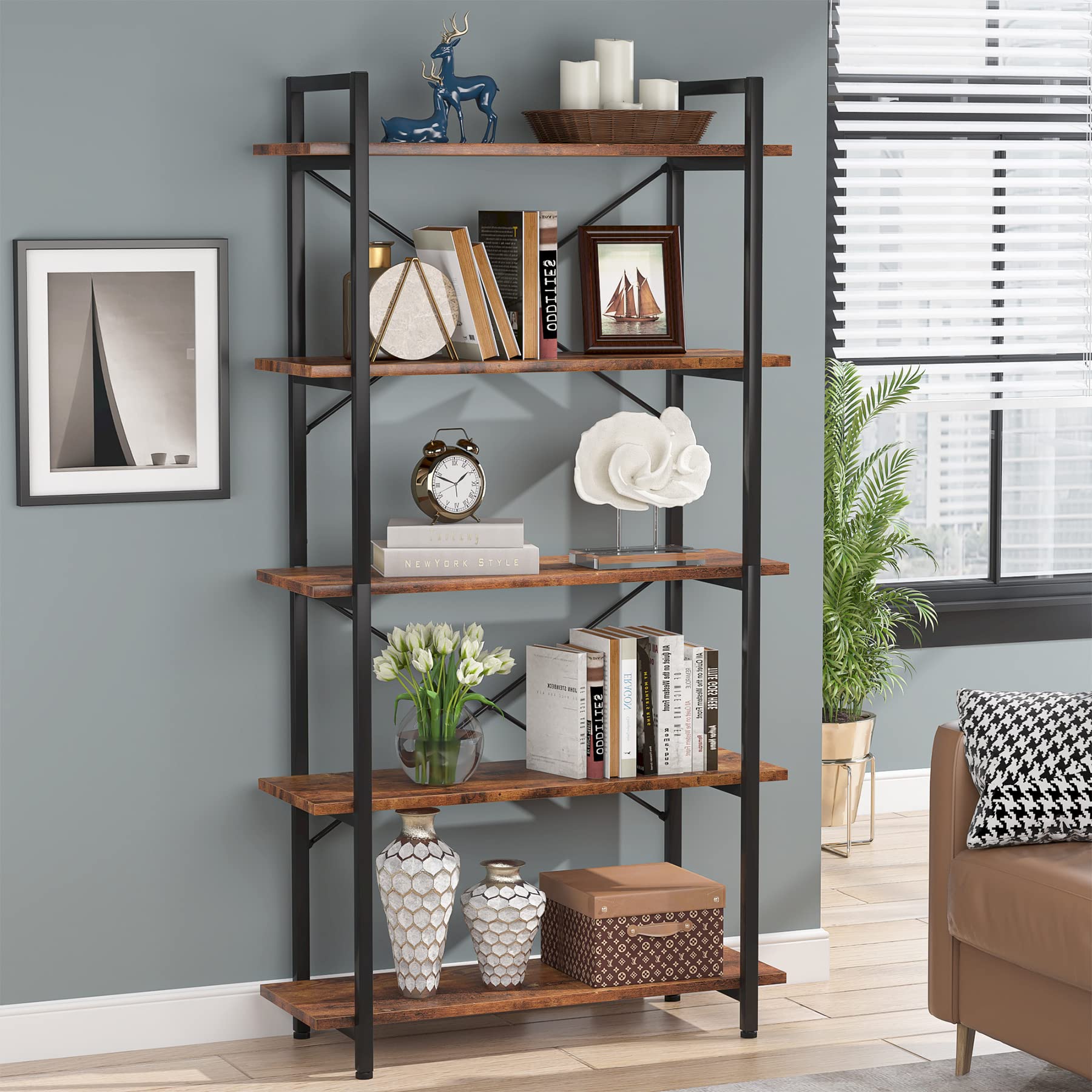Tribesigns 5 Tier Bookshelf, Industrial Etagere Bookcase with Metal Frame, Rustic Tall Book Shelf Unit for Living Room, Study, H