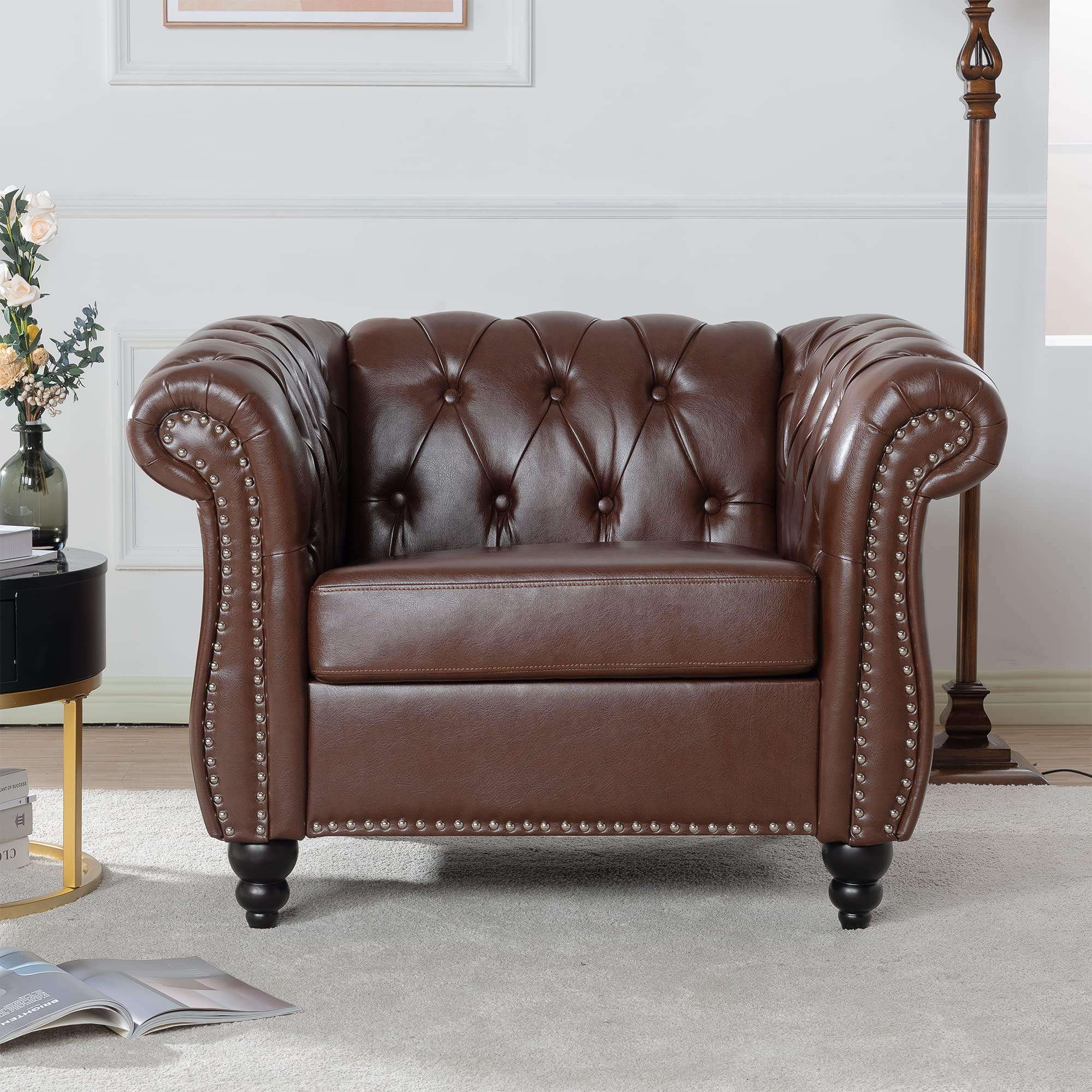 LEVNARY Leather Chesterfield Chair, Mid-Century Modern Single Sofa Chair, Tufted Upholstered Rolled Armchair for Home Bedroom Re