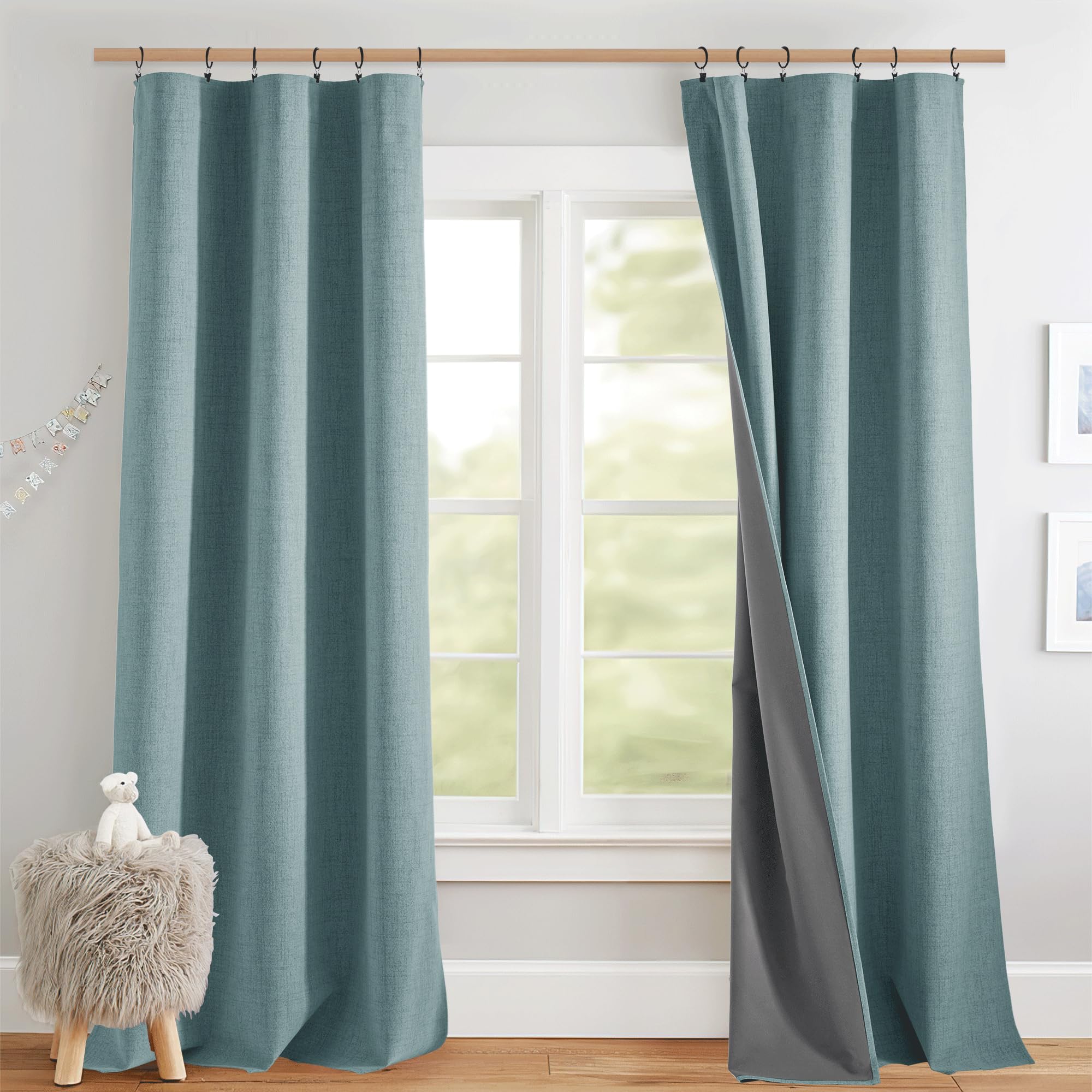 NICETOWN Skylark Blue Full Blackout Back Tab Linen Curtains 84 Long 2 Panels Set, Boho-Chic Thick Linen Blend Drapes, Insulated 