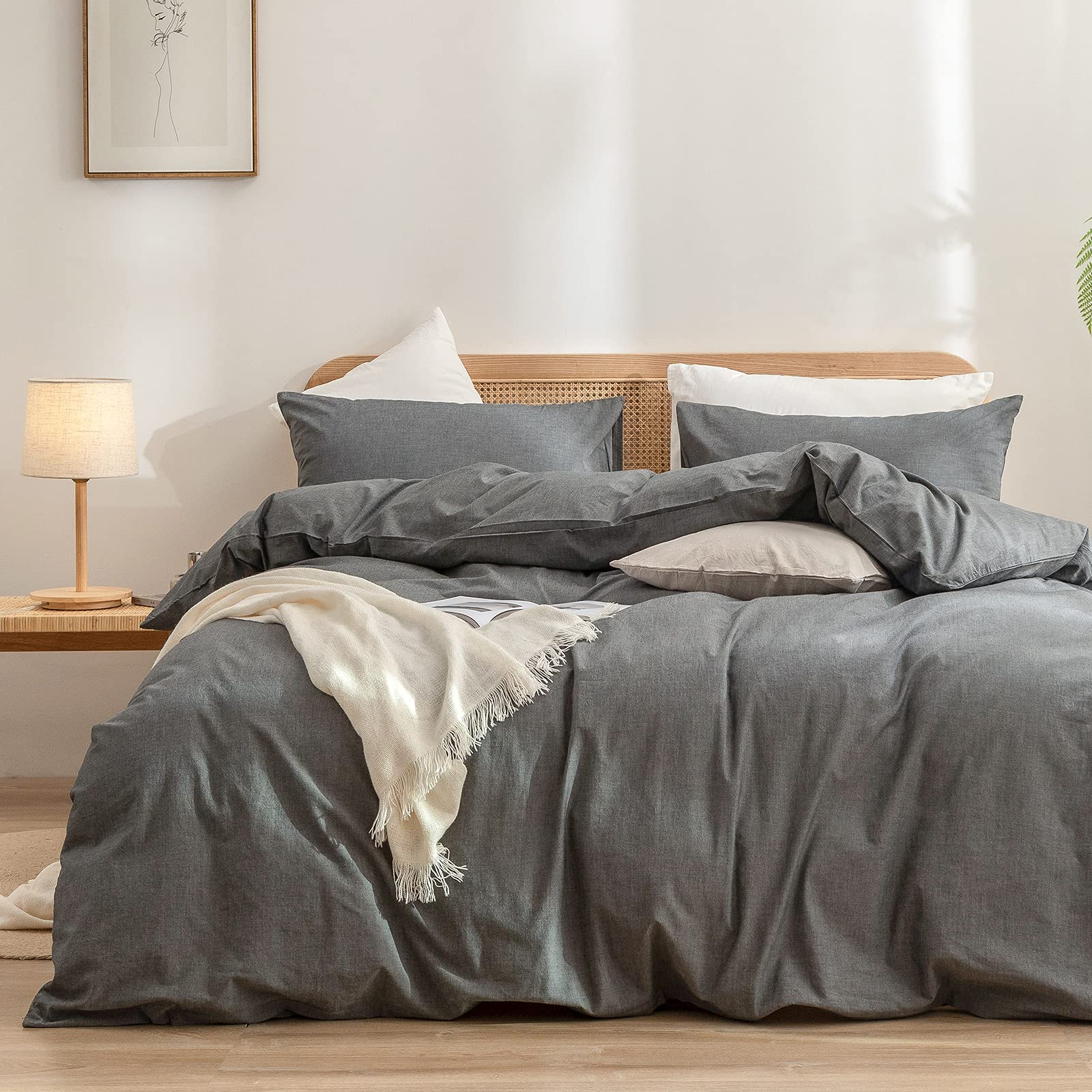 BESTOUCH Duvet Cover Set 100% Washed Cotton Linen Feel Super Soft Comfortable Chic Lightweight 3 PCs Home Bedding Set Solid Dark