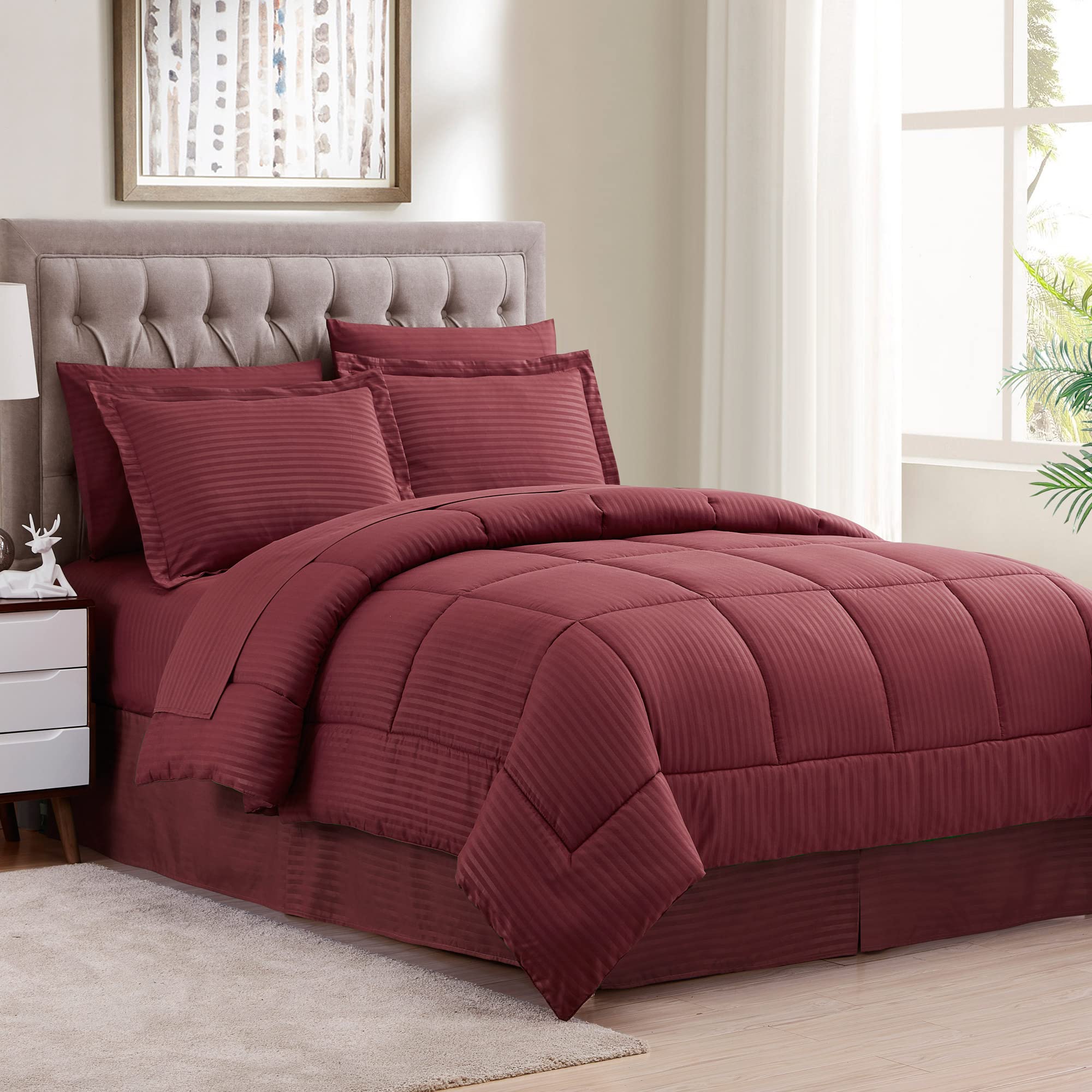 Queen Comforter Set 8 Piece Bed in a Bag with Bed Skirt, Fitted Sheet, Flat Sheet, 2 Pillowcases, 2 Pillow Shams, Queen, Dobby B