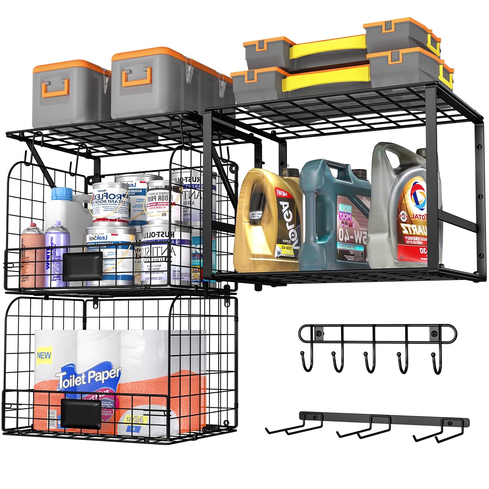 ThreeHio Garage Shelf Wall Mounted with Wire Baskets, Heavy Duty Wall Shelving with Garden Tool Rack and Hooks, Wire Shelf Baske