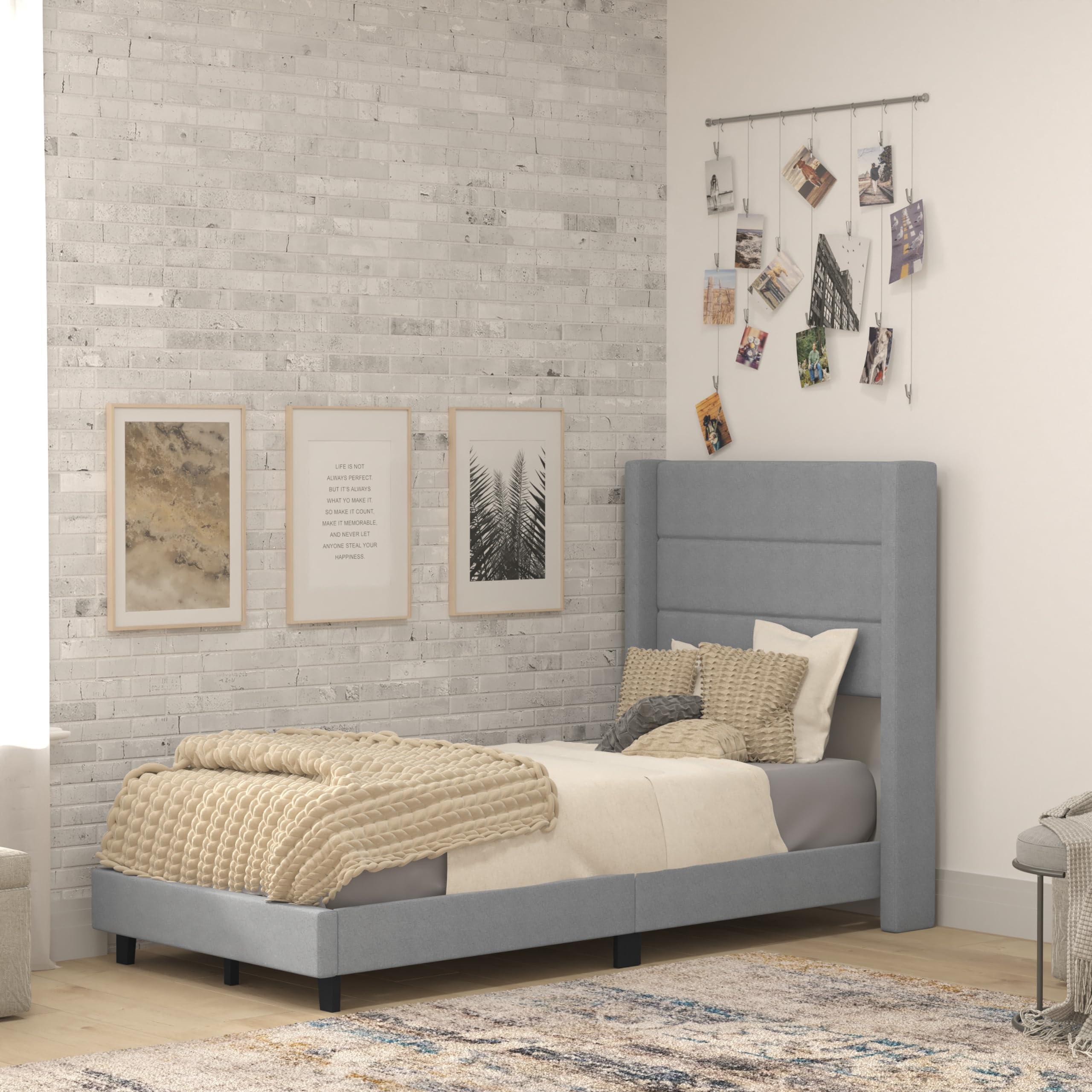 Flash Furniture Hollis Upholstered Platform Bed - Gray Faux Linen Wingback Headboard - Twin - Mattress Foundation with Slatted S